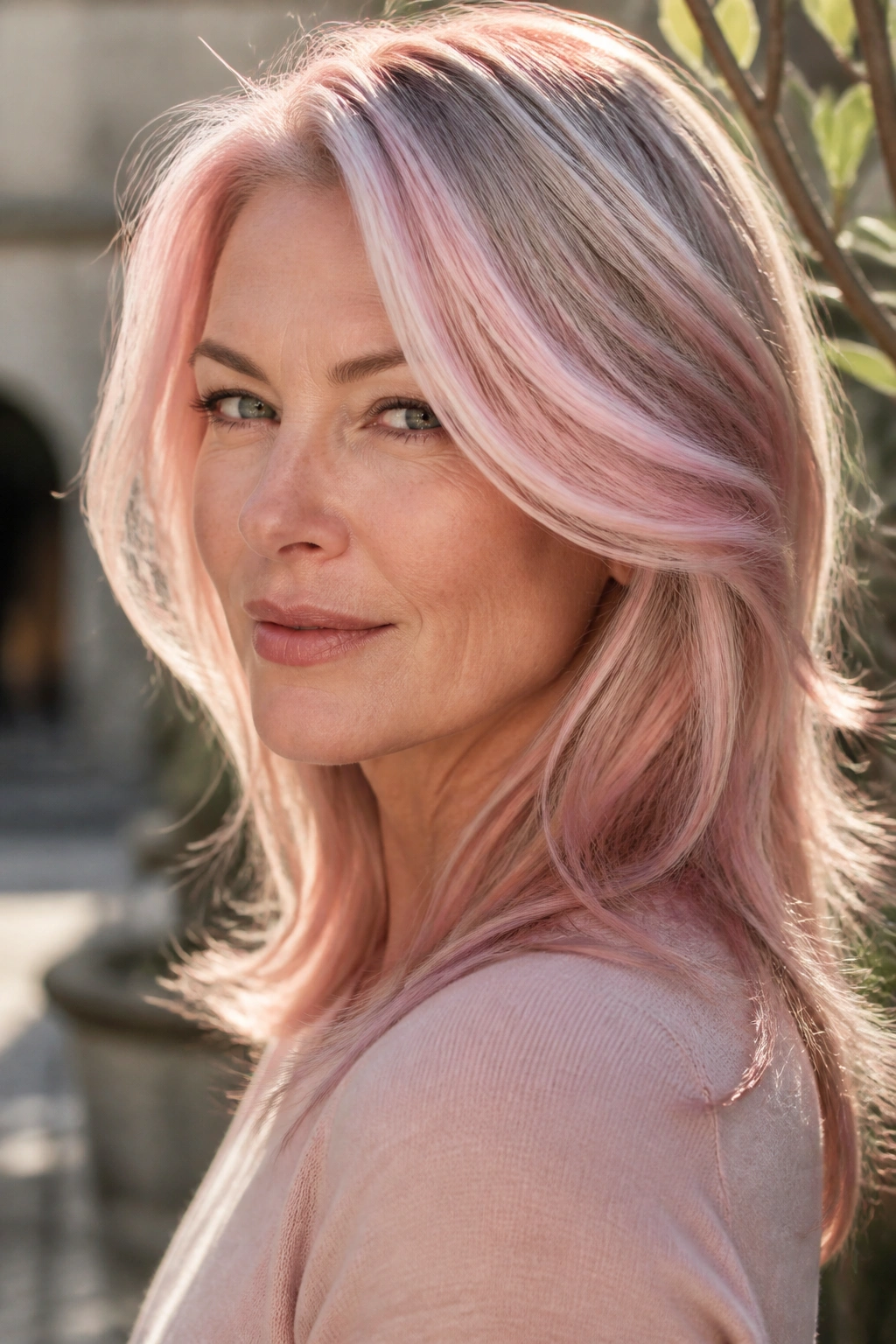 Close-up portrait of a real person with rose gold silver hair catching warm sunlight