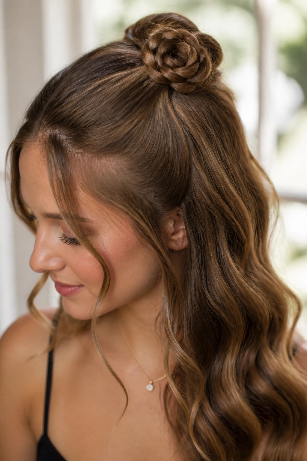 Close-up of a real woman wearing a romantic half-up rosette hairstyle