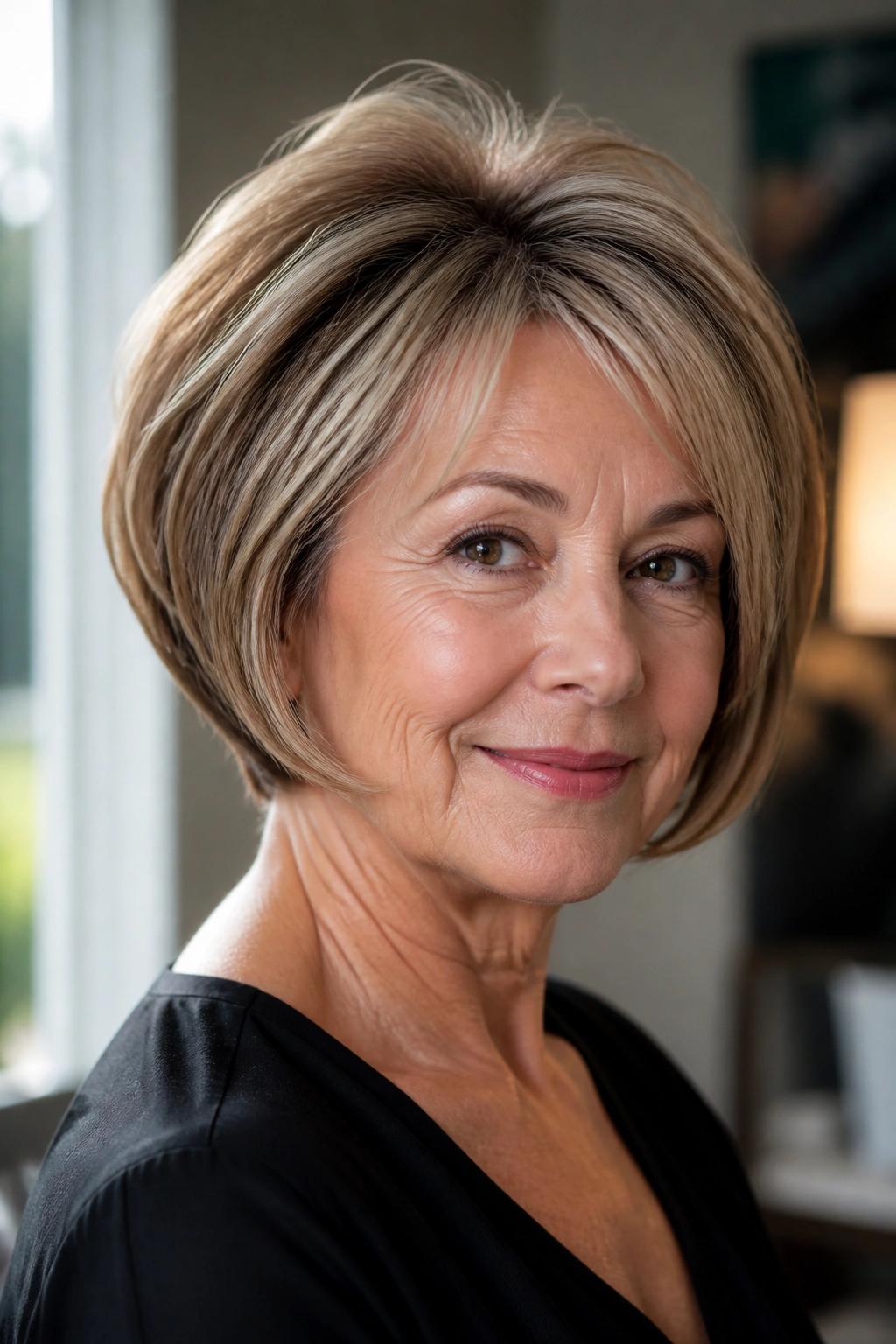 Portrait of a real woman with rounded bob and crown volume in natural light