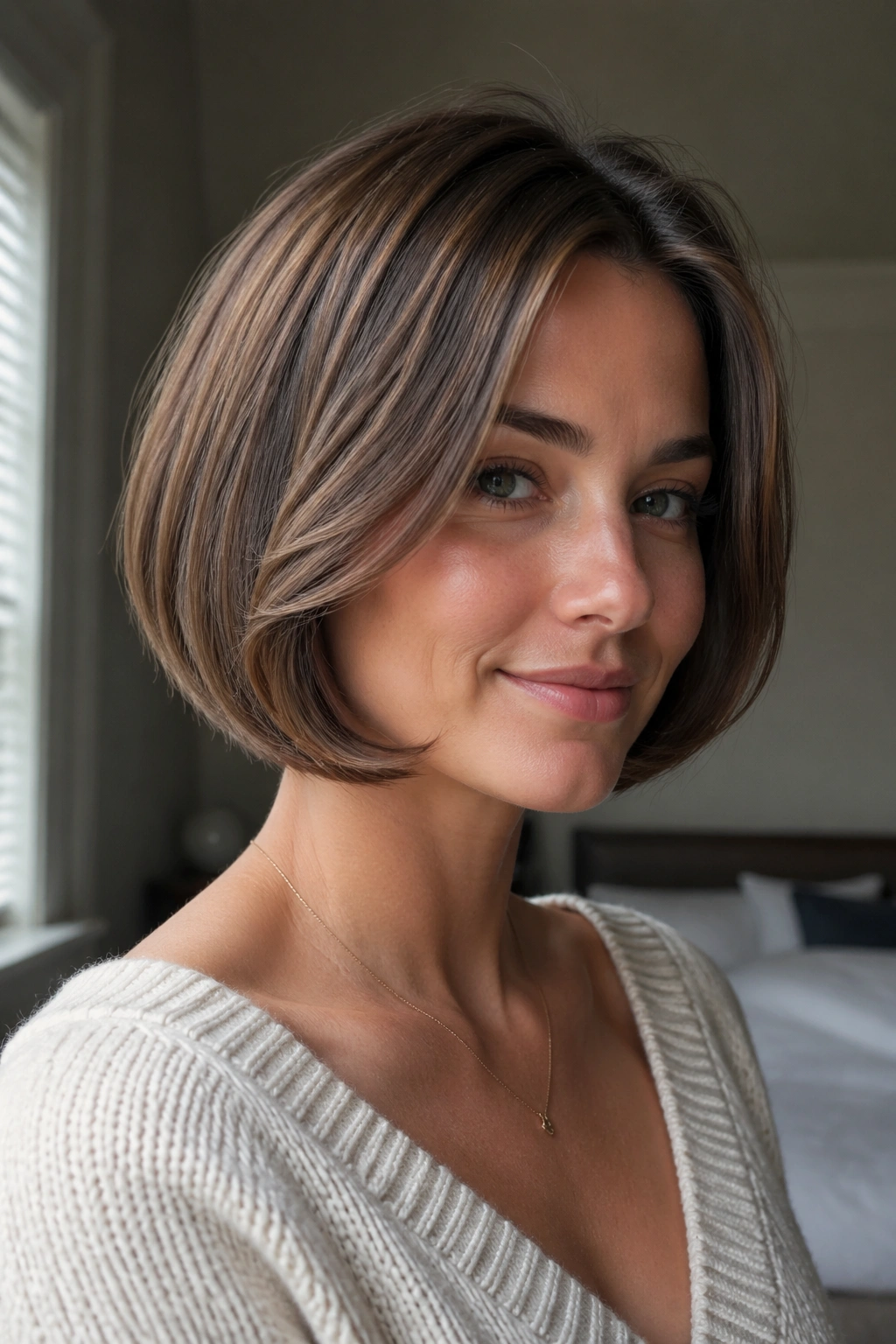 Close-up of real woman with rounded bob, soft daylight