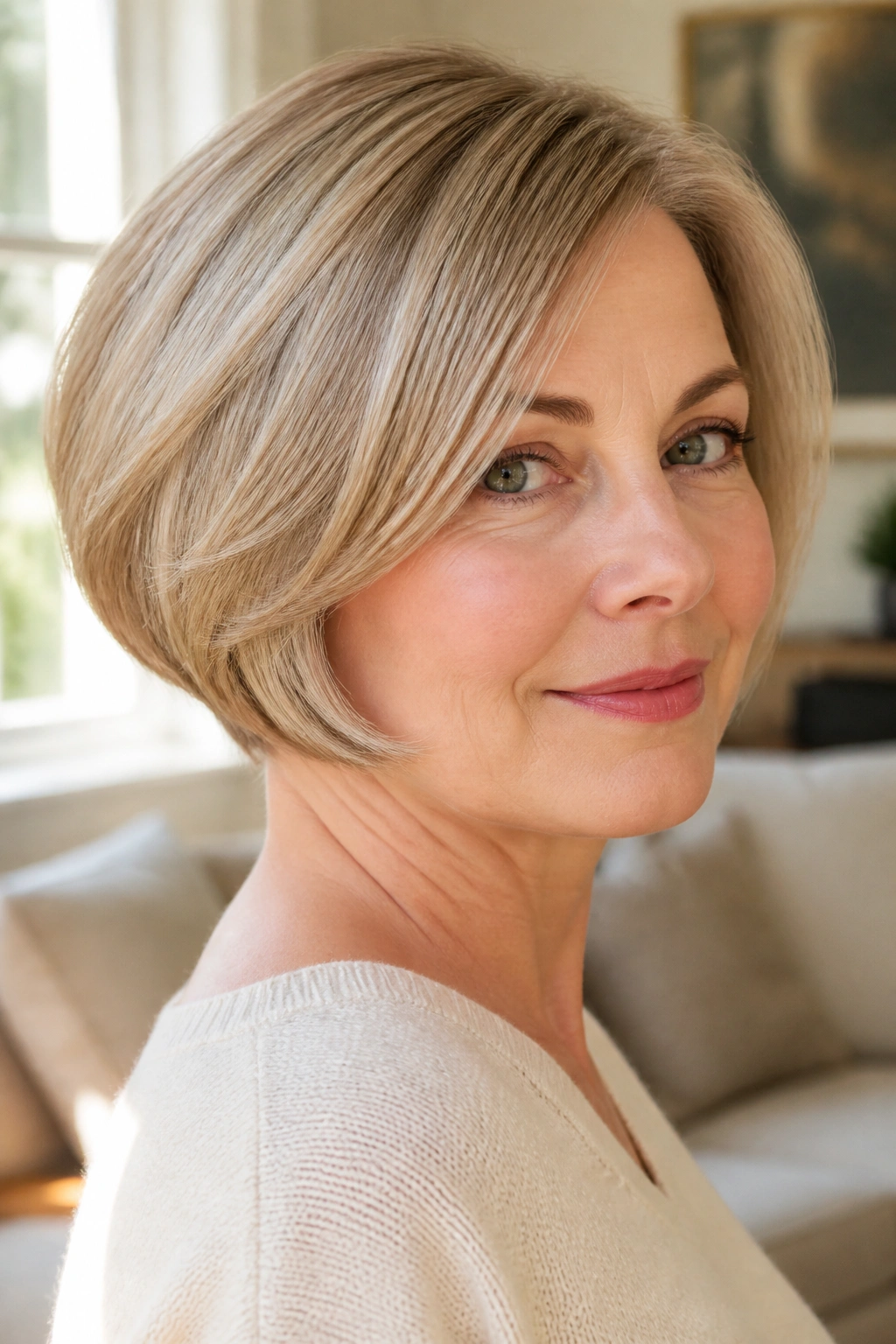Close-up of a real woman with a rounded bob and tucked nape