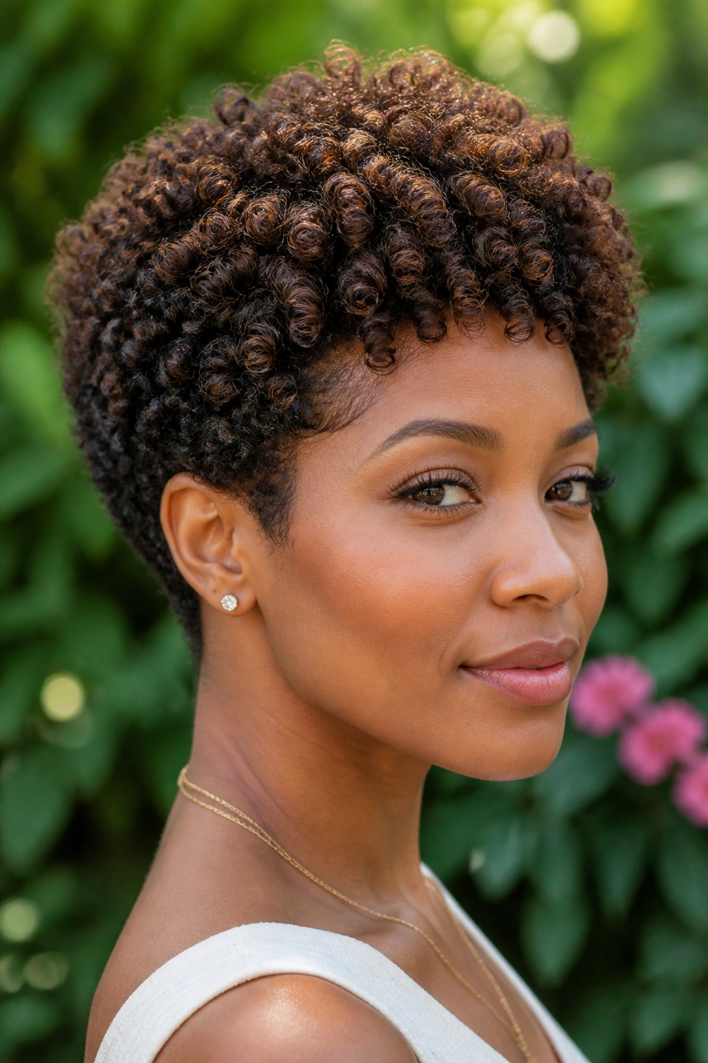 Close-up of a real person with a rounded coily crop and layered crown in a garden setting