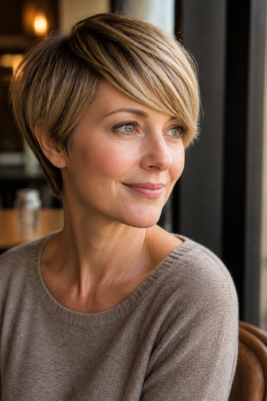 Close-up of a real person with rounded crop and side bangs