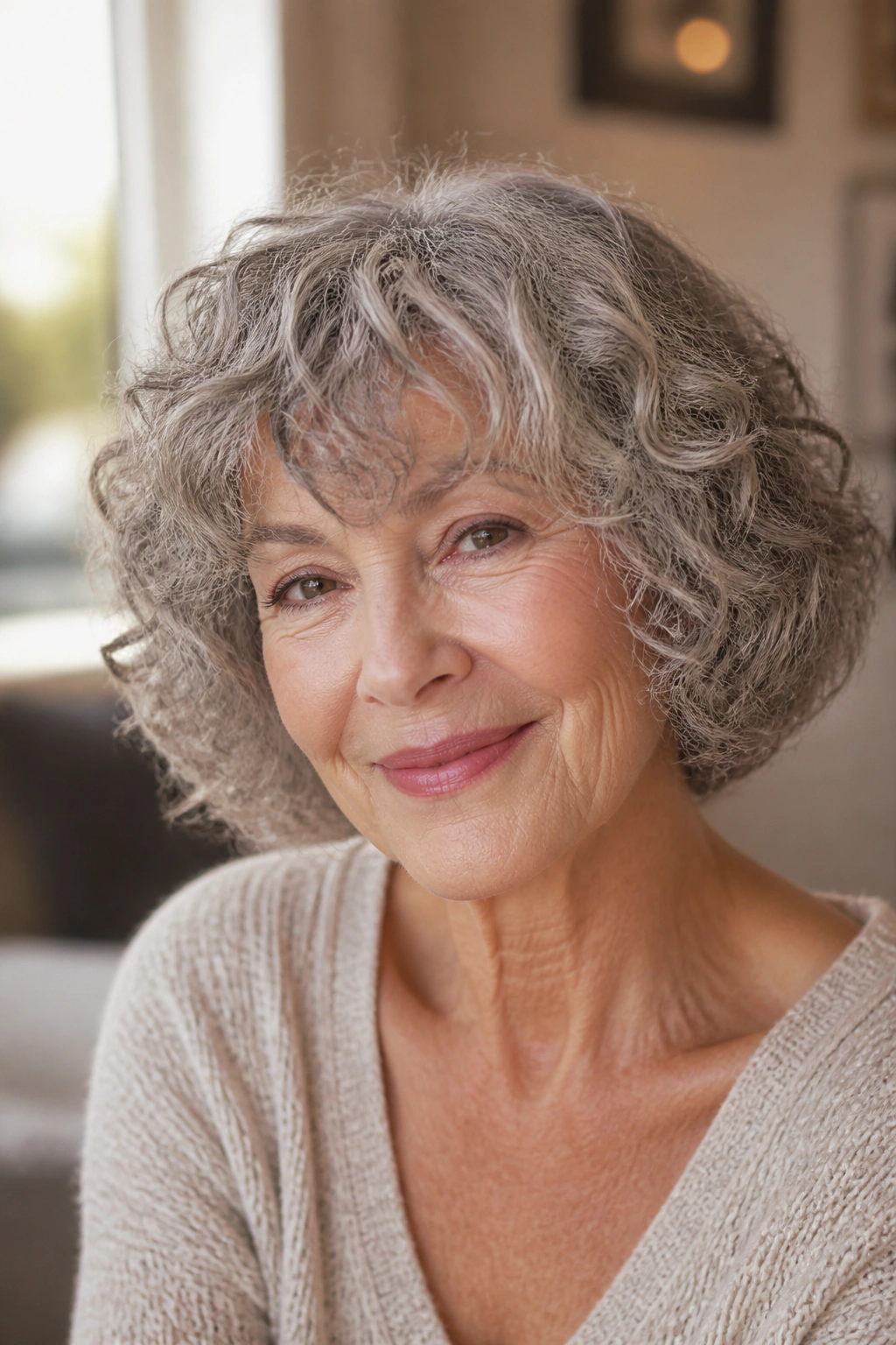 Real woman with rounded curly bob and soft fringe