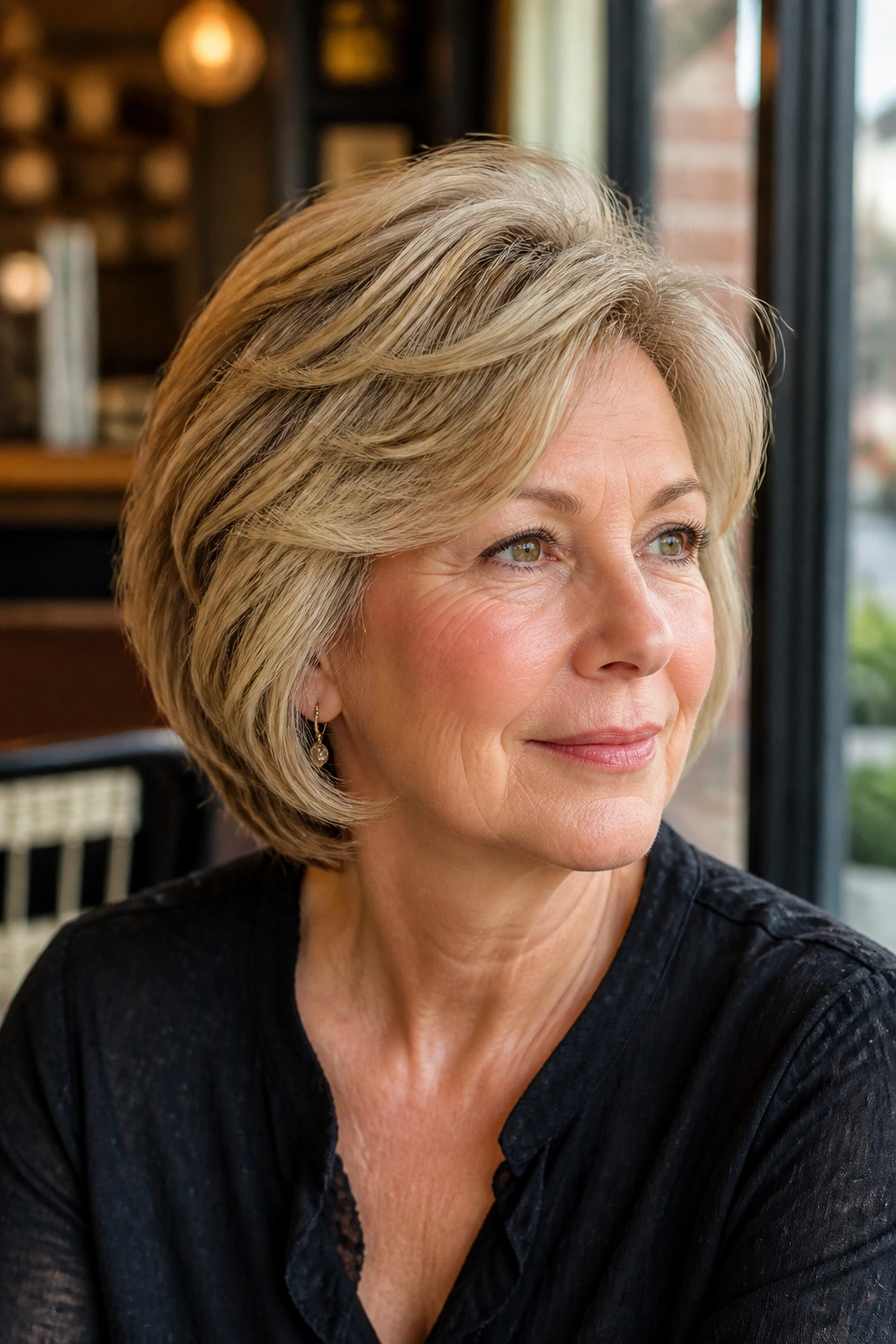 Medium close-up of a real woman with a rounded layered haircut and temple volume, in a cozy indoor setting.