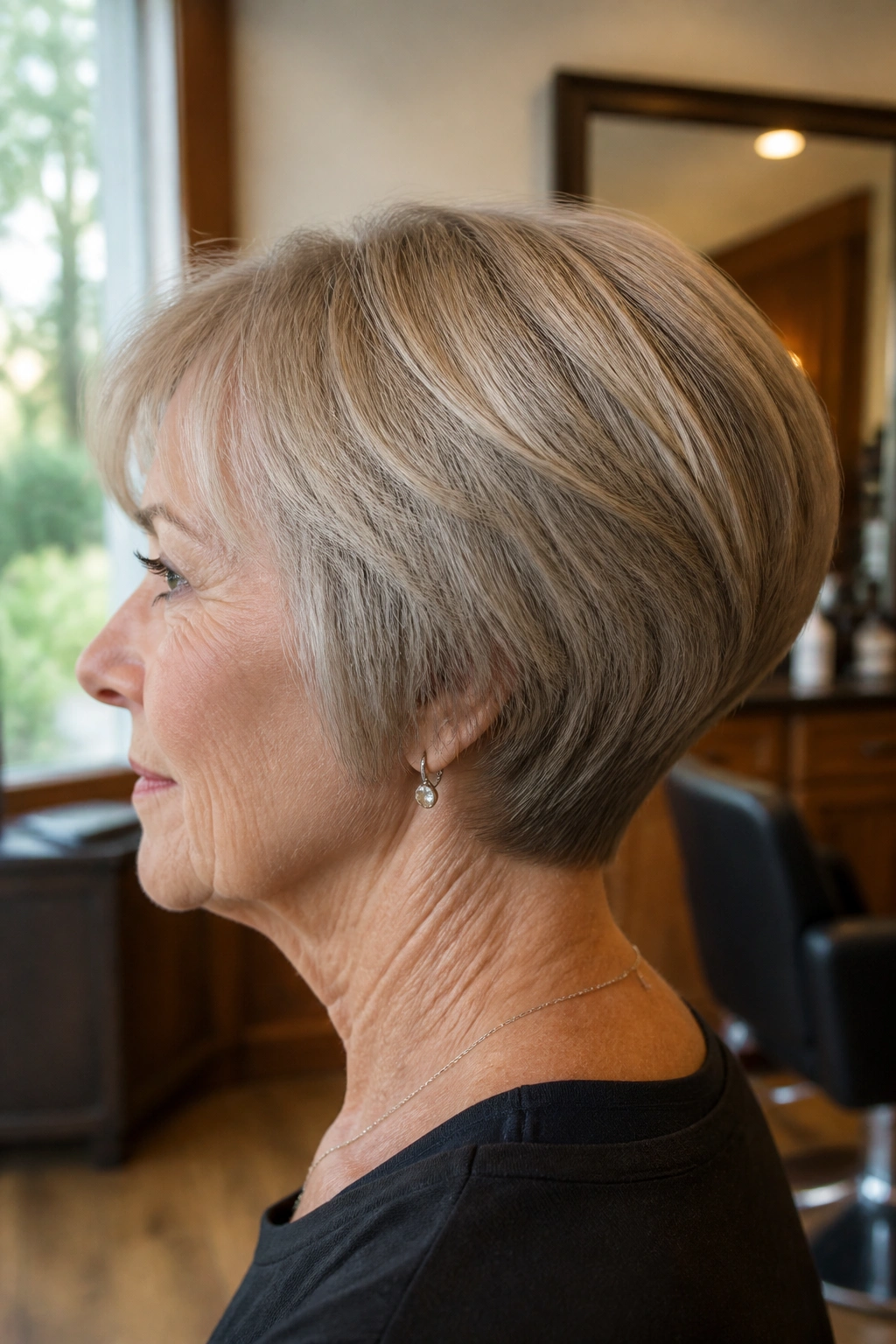 Close-up portrait of a real woman with a rounded wedge cut in a salon setting