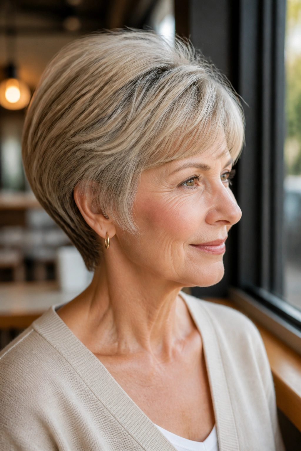 Close-up portrait of a real woman with rounded wedge and soft graduation in daylight