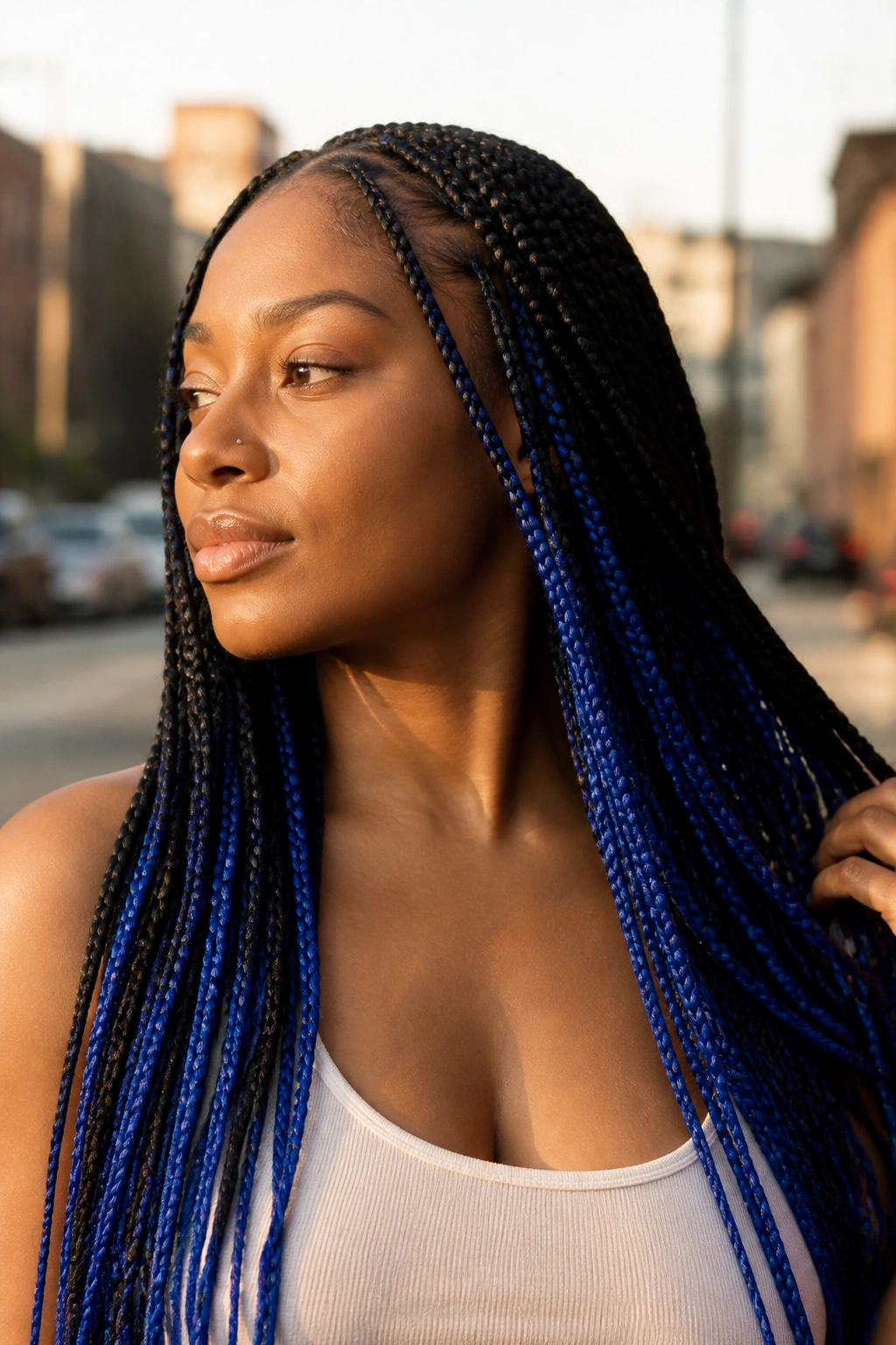 Close-up of real woman with royal blue peek-a-boo highlights in knotless braids.