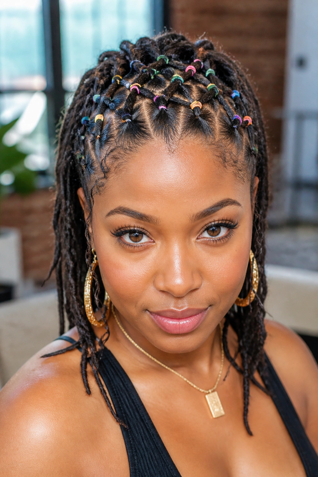 Front view of a woman with a criss-cross rubber band braid grid on the forehead
