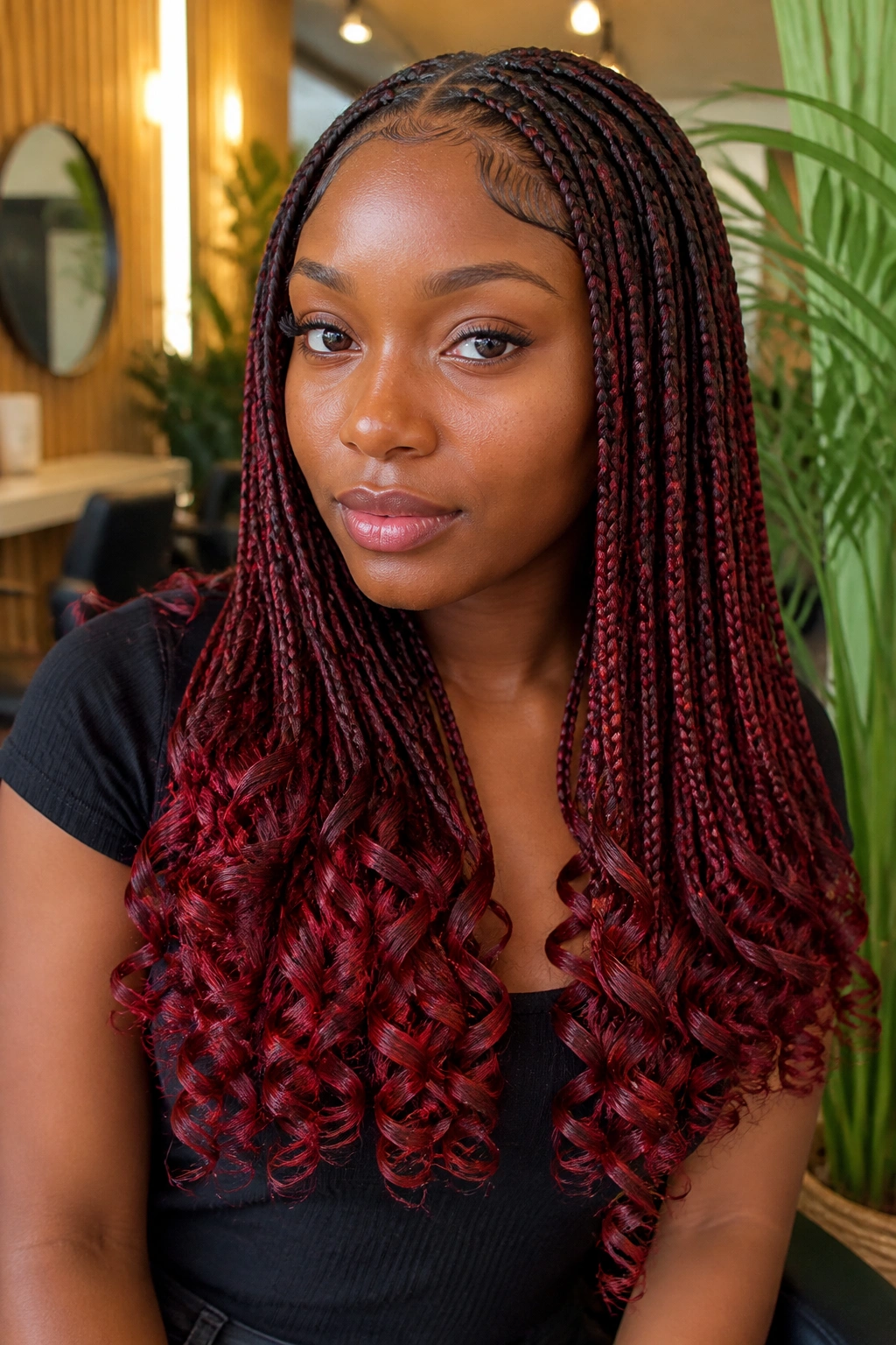 Close-up portrait of a real woman with ruby red micro-braids and curls