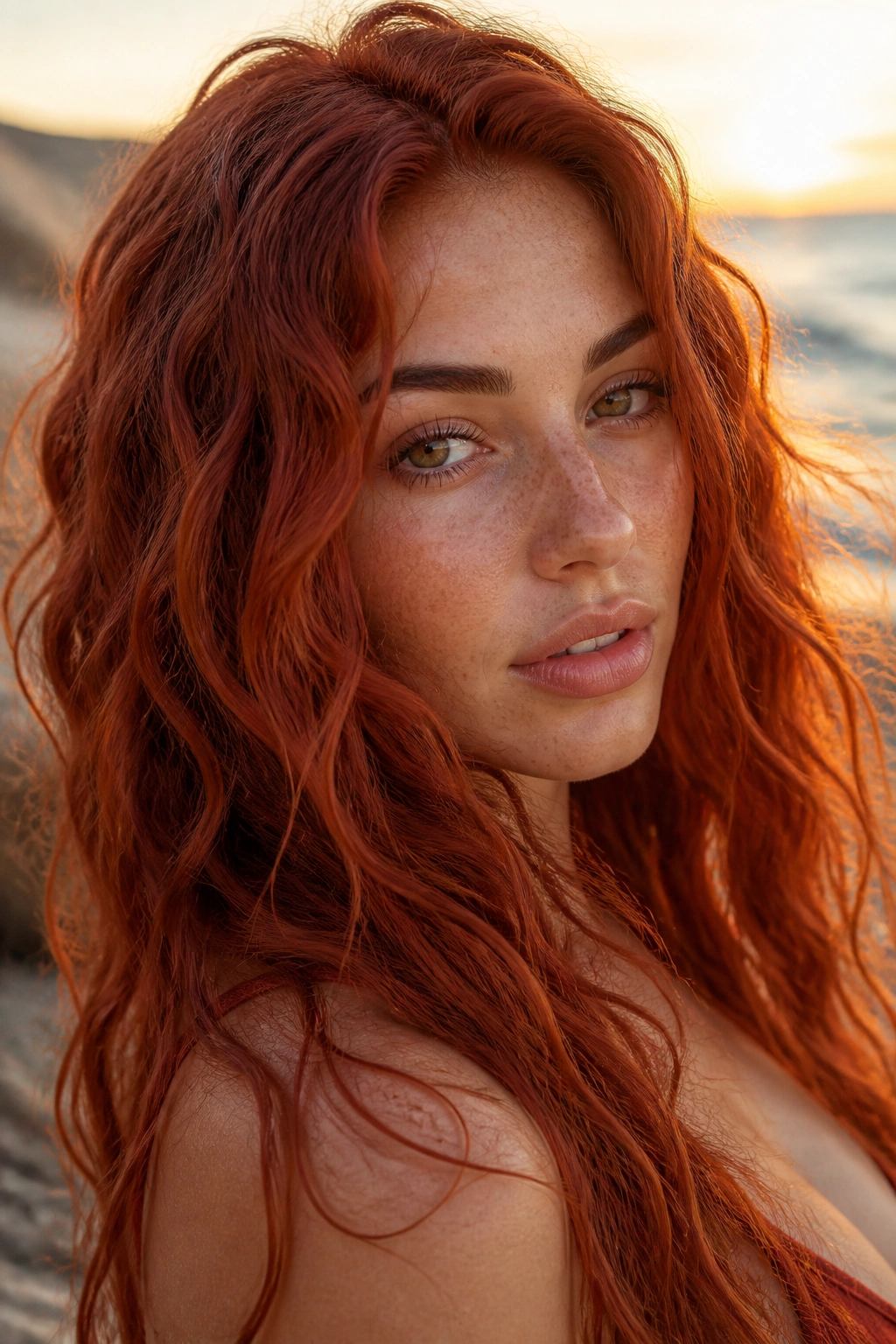 Real person with rust red beach waves in natural sunlight near the sea