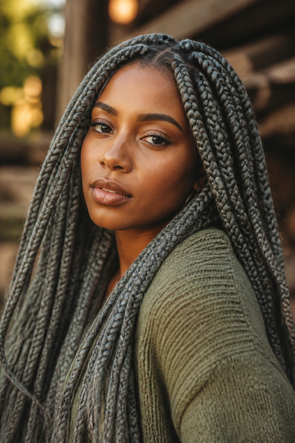 Real person with sage-grey jumbo braids in earthy setting