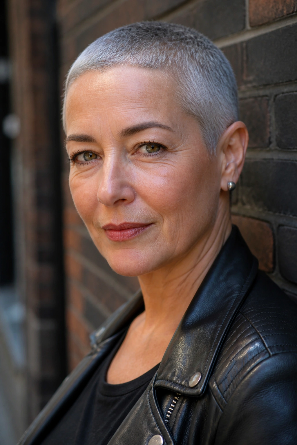 Close-up of a real woman with a salt-and-pepper buzz cut.