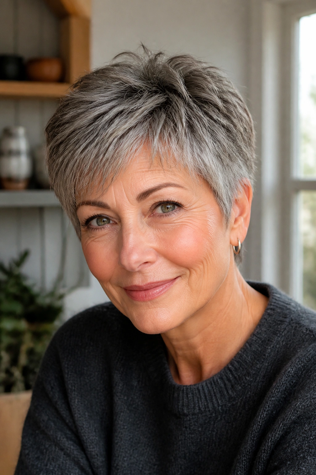 Close-up portrait of a real woman with a salt-and-pepper layered crop and warm light