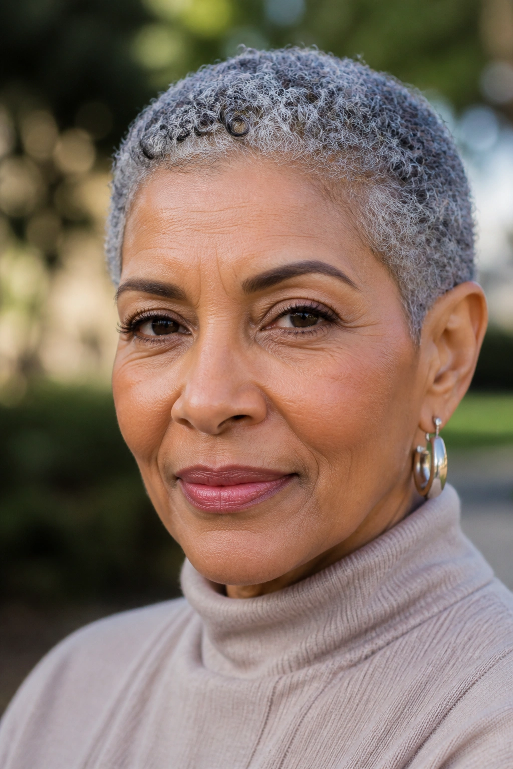 Woman with salt-and-pepper wash-and-go crop