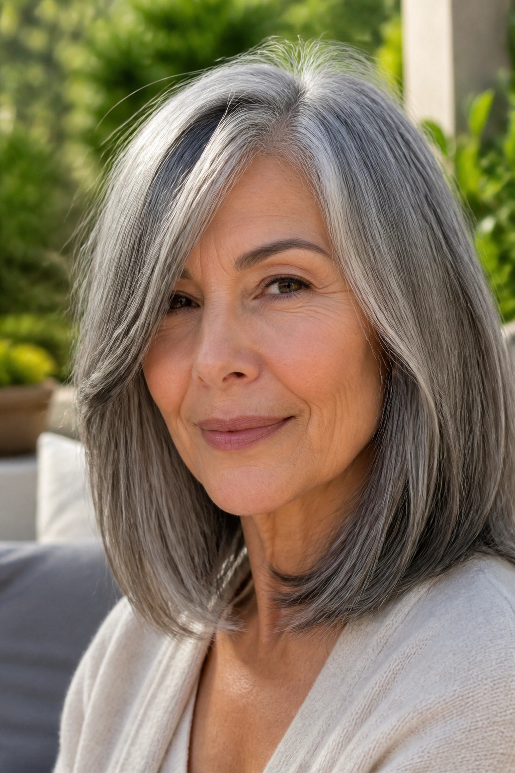 Mature woman with salt and pepper long bob