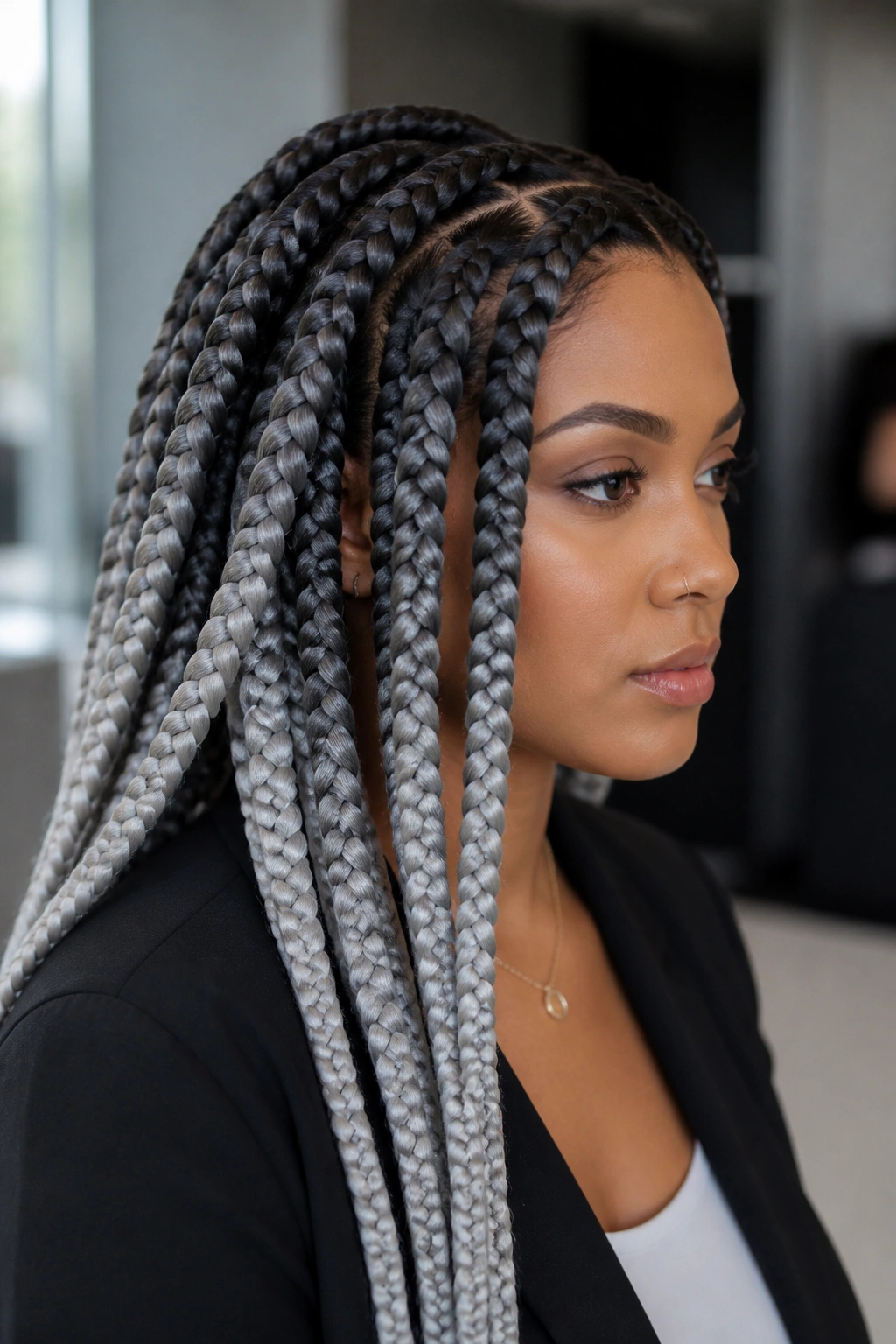 Close-up of salt and pepper ombre jumbo braids on a real person