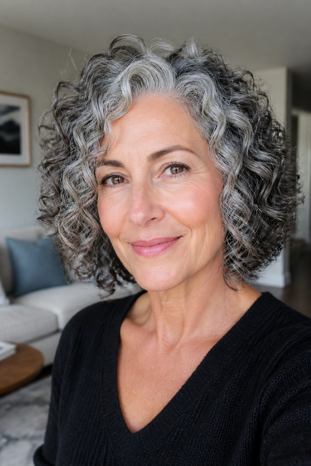 Close-up of a real woman with gray salt-and-pepper spiral lob.