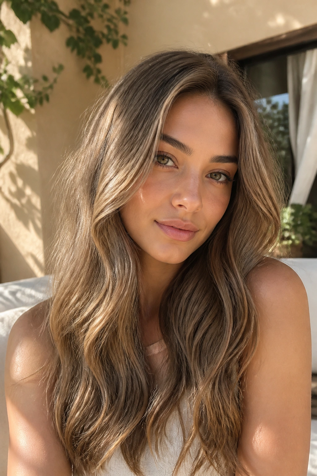Close-up portrait of a woman with sandstone brown hair