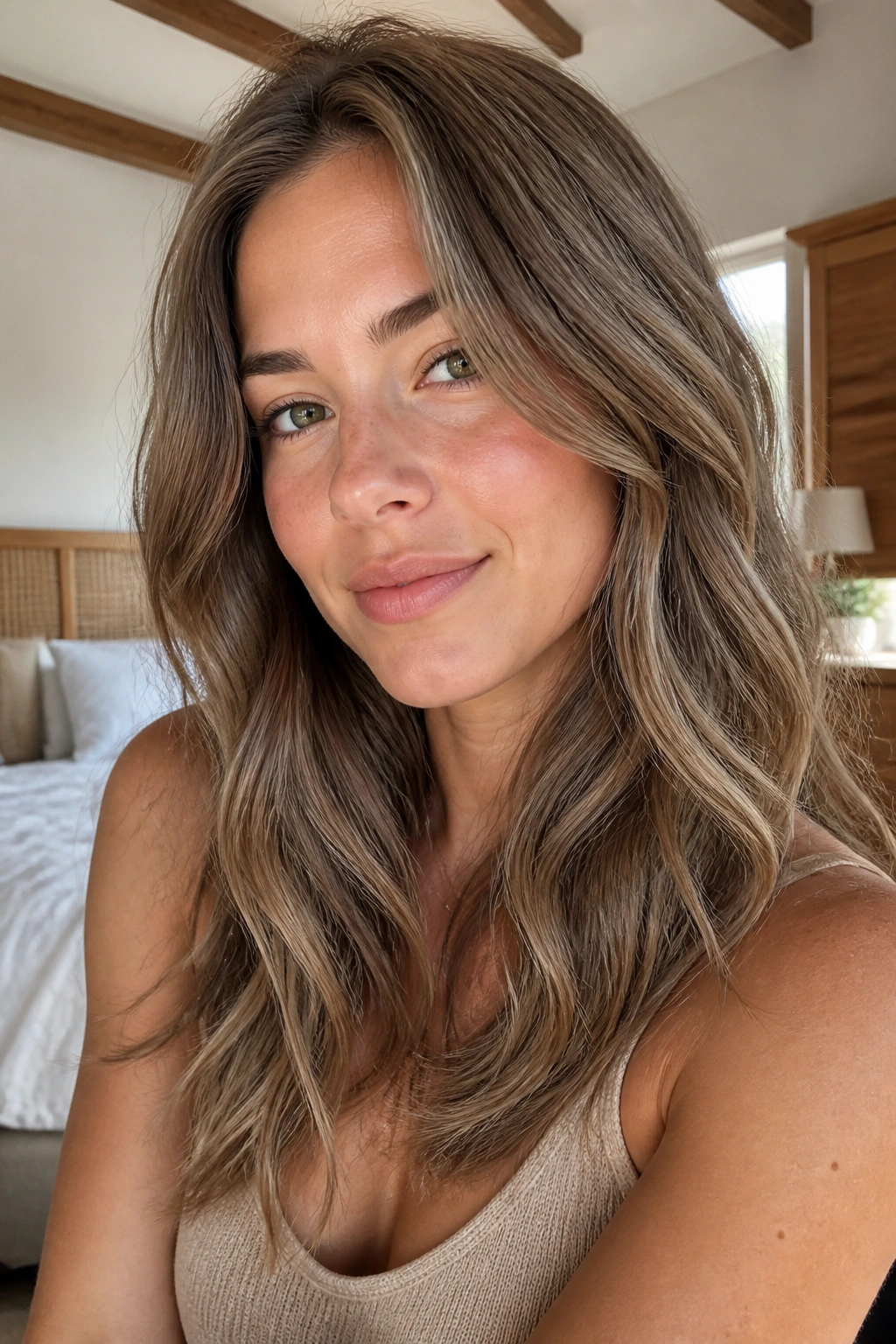 Close-up portrait of a real person with sandy brown hair in warm window light