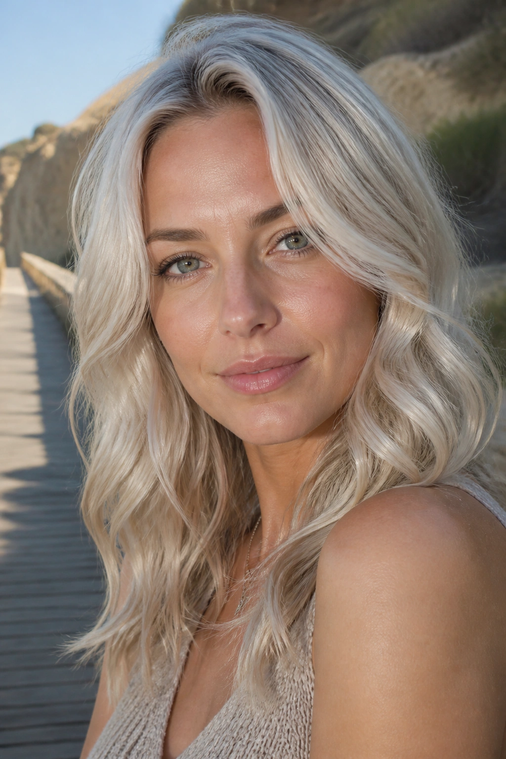 Close-up portrait of a woman with sandy platinum hair in natural outdoor light.