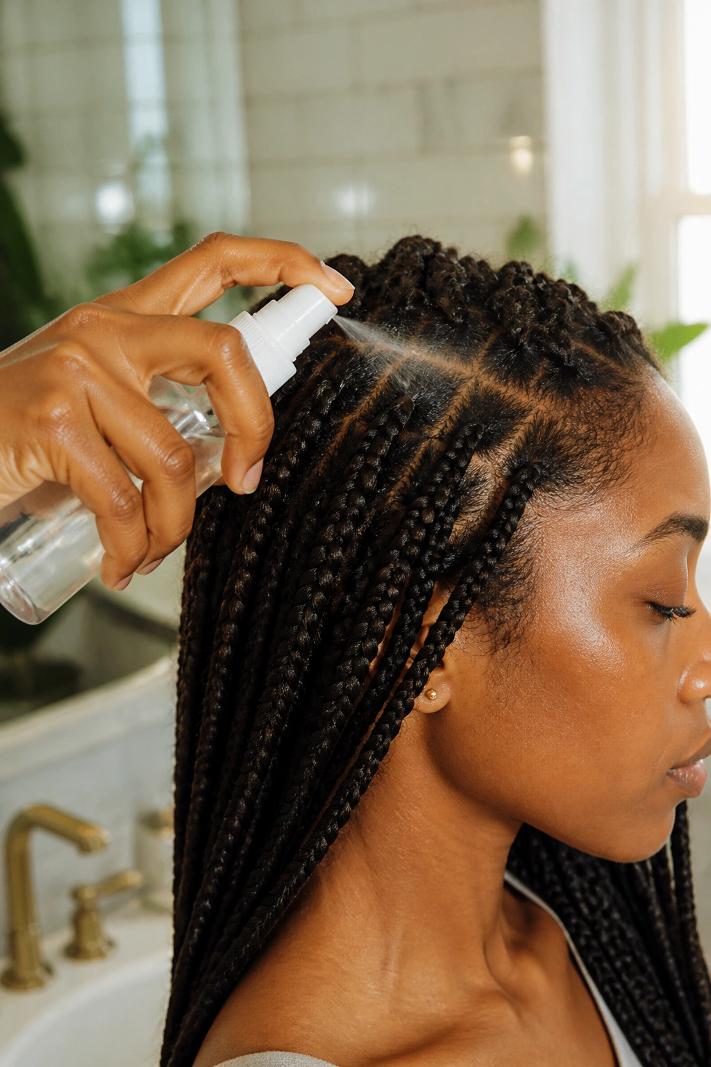 Close-up scalp care with box braids and scalp mist