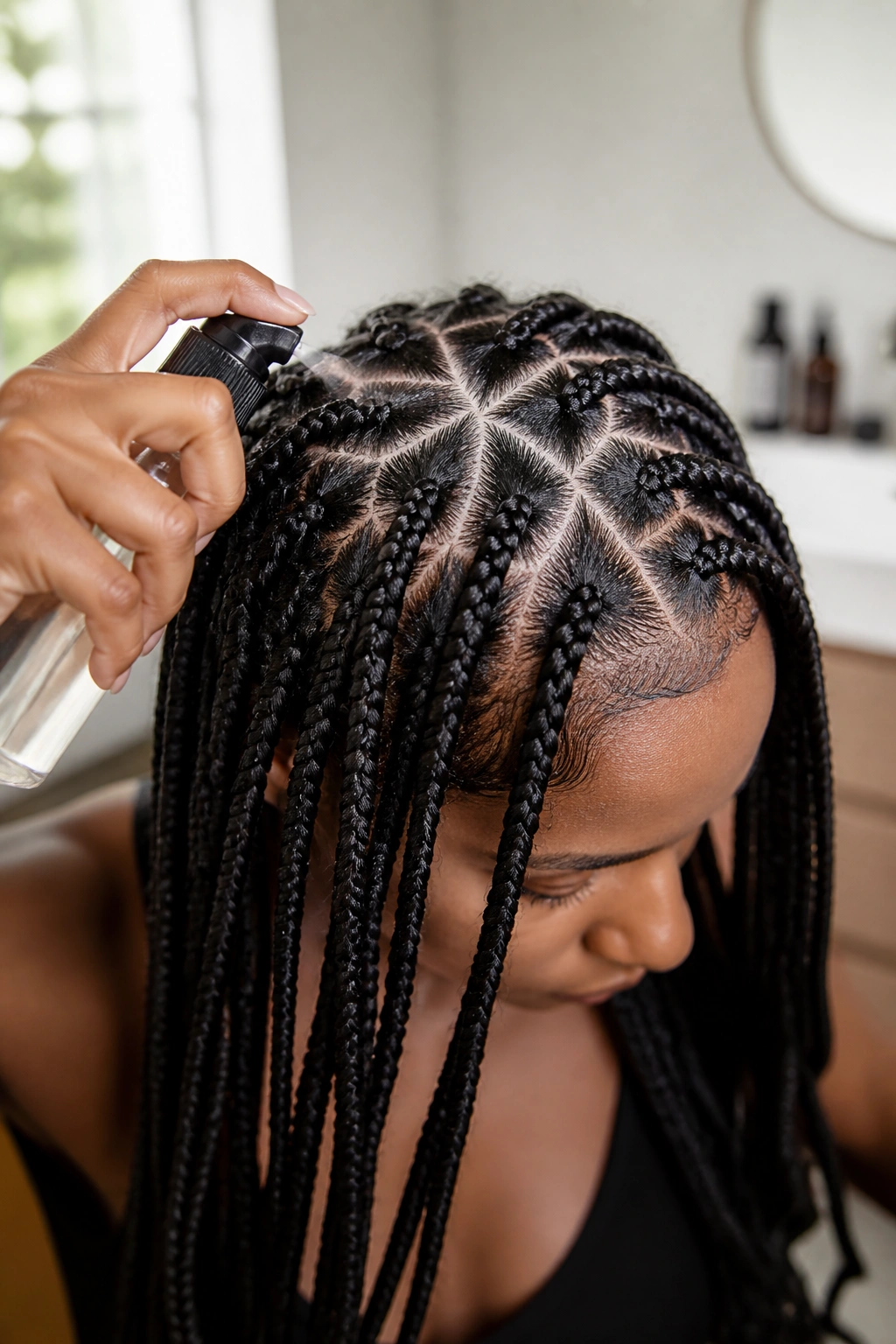 Close-up of scalp with triangle-part geometry and scalp spray in use