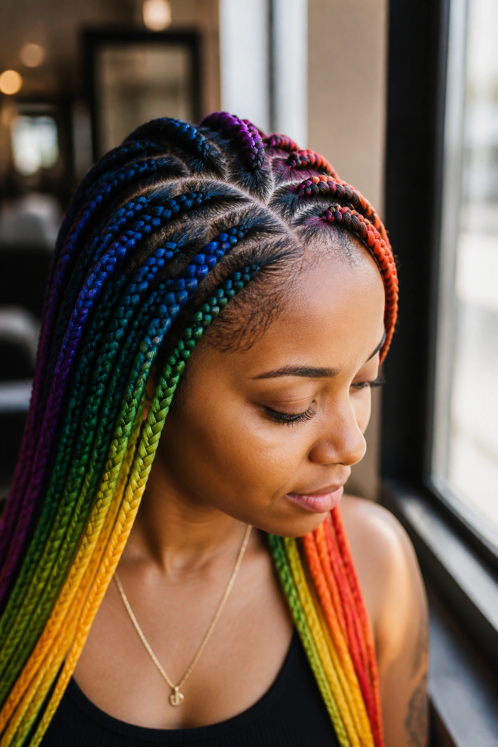 Close-up of scalp health with color braids and a visible parting.
