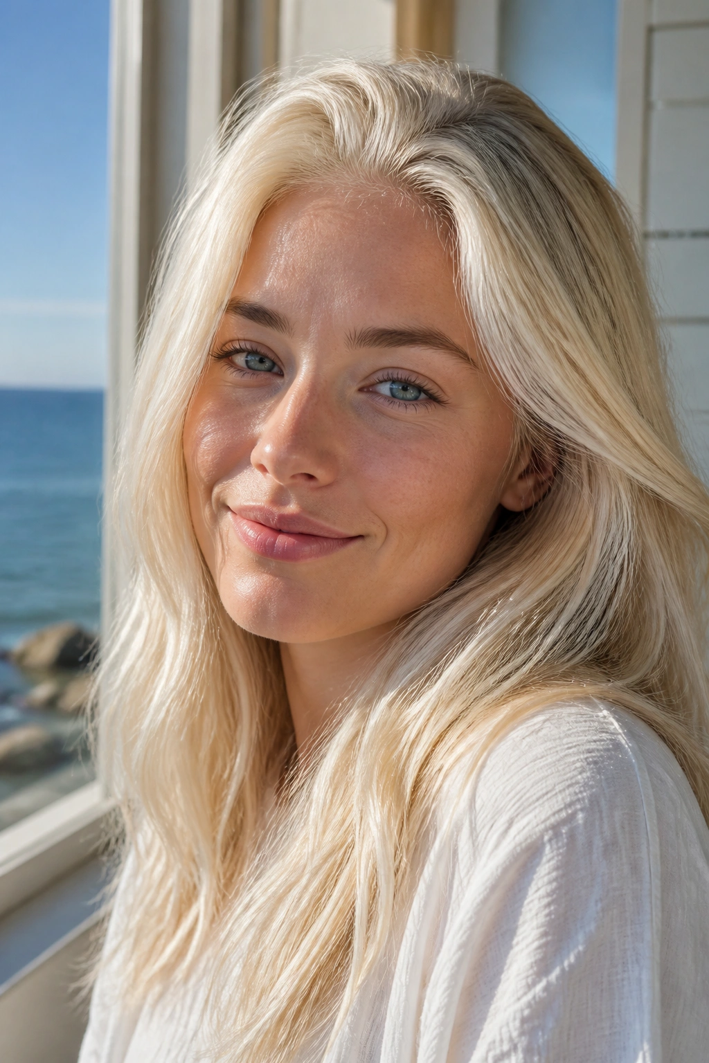 Close-up of a woman with Scandi-blonde hair featuring a bright hairline against pale background.