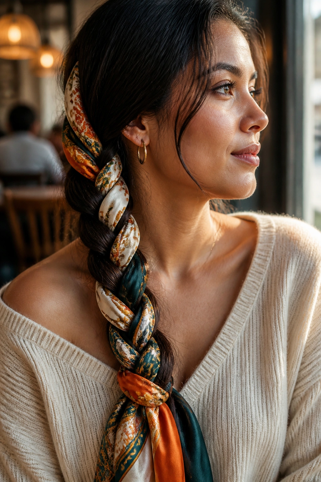 Close-up portrait of a real woman with a scarf-integrated braid