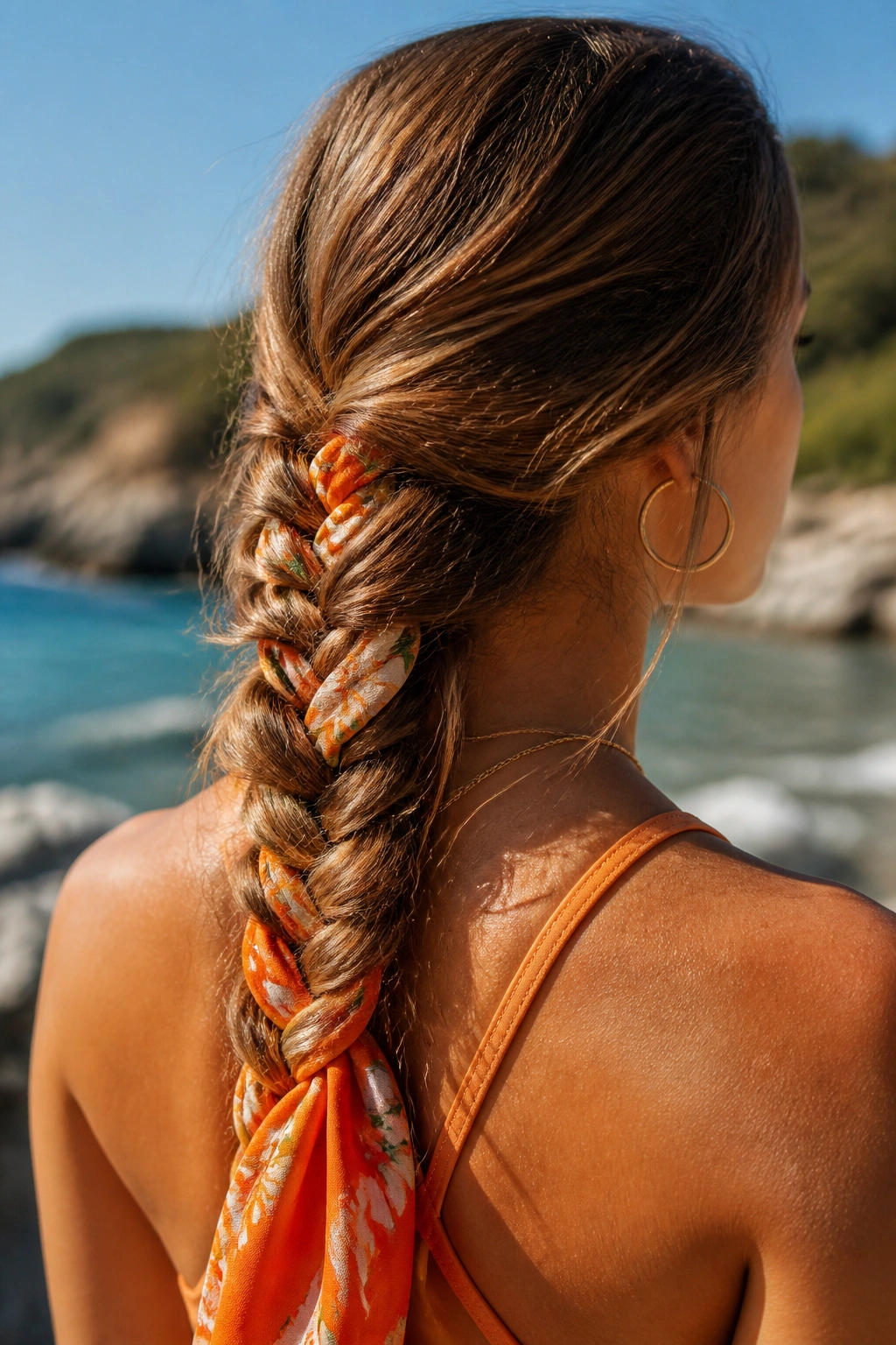 Close-up of a fishtail braid with a silk scarf woven in, on a real person.
