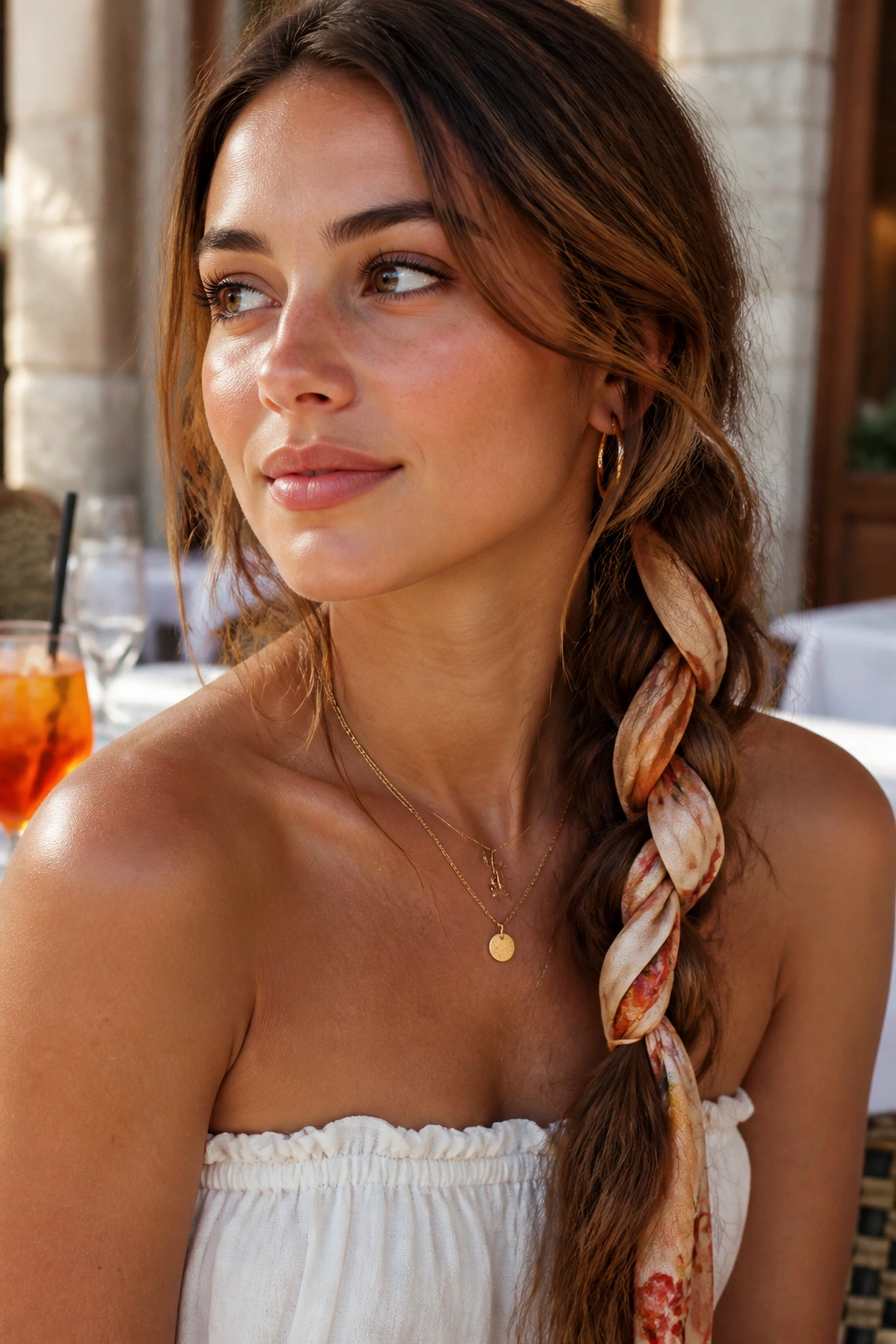 Side view of a woman with a scarf interwoven into a side braid.