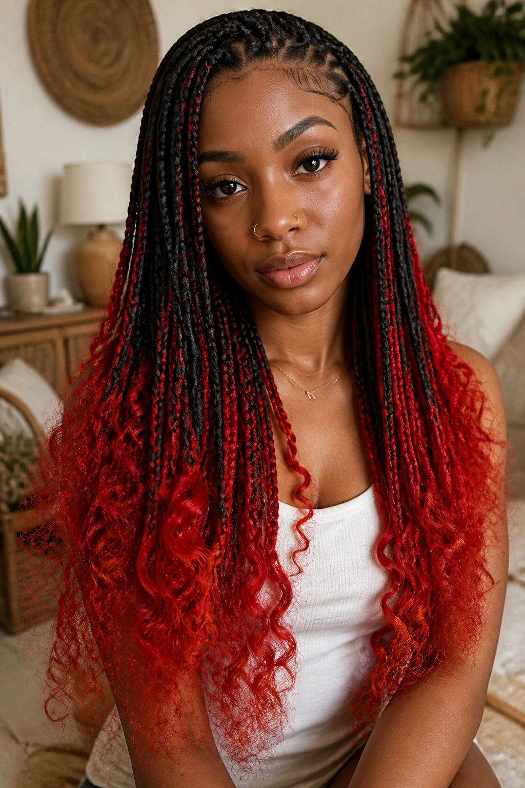 Close-up portrait of a real woman with scarlet red bohemian ends