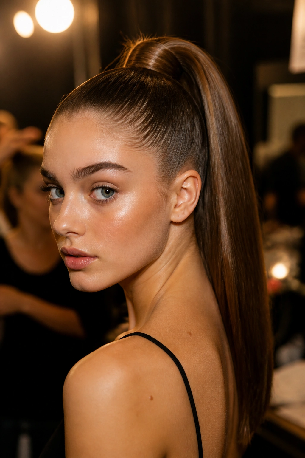 Close-up of a real woman with a sculpted high ponytail in backstage fashion lighting