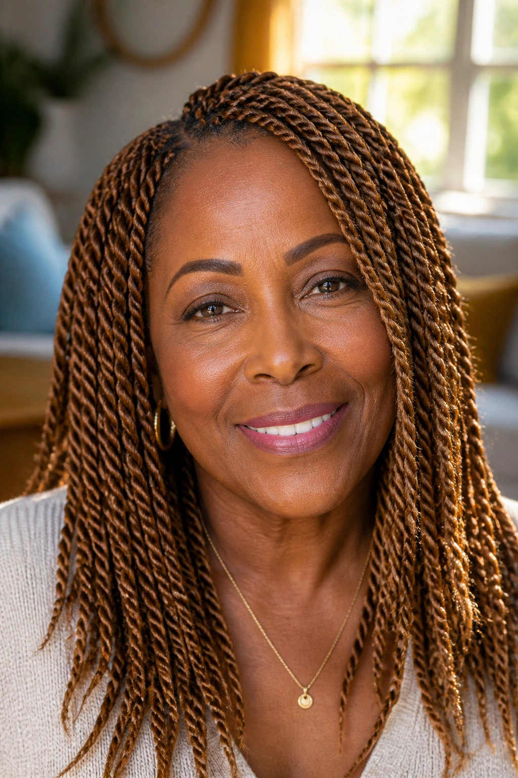 Close-up portrait of a real woman with honey bronze Senegalese twists