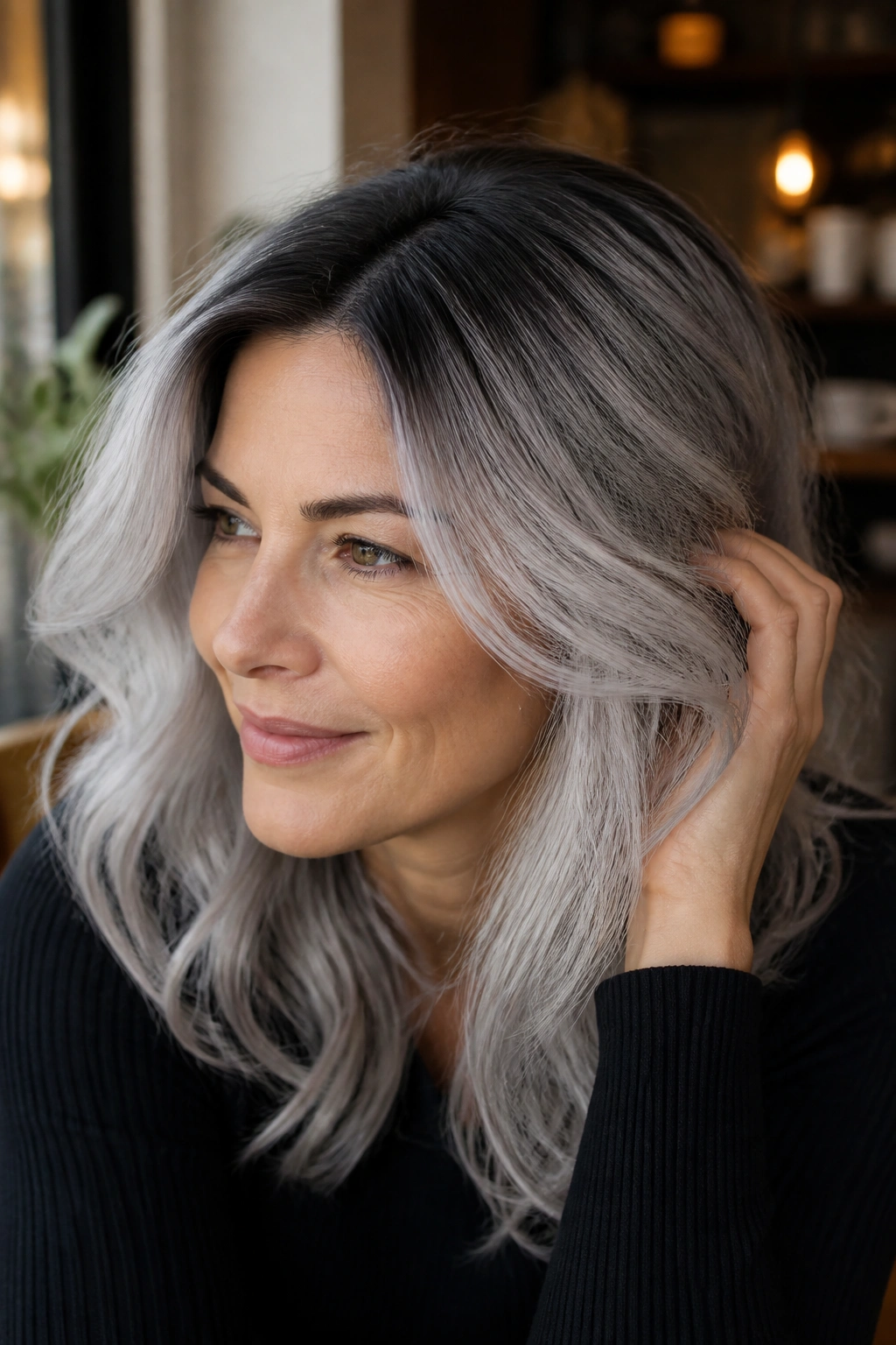 Portrait of a real person with shadow-root silver hair