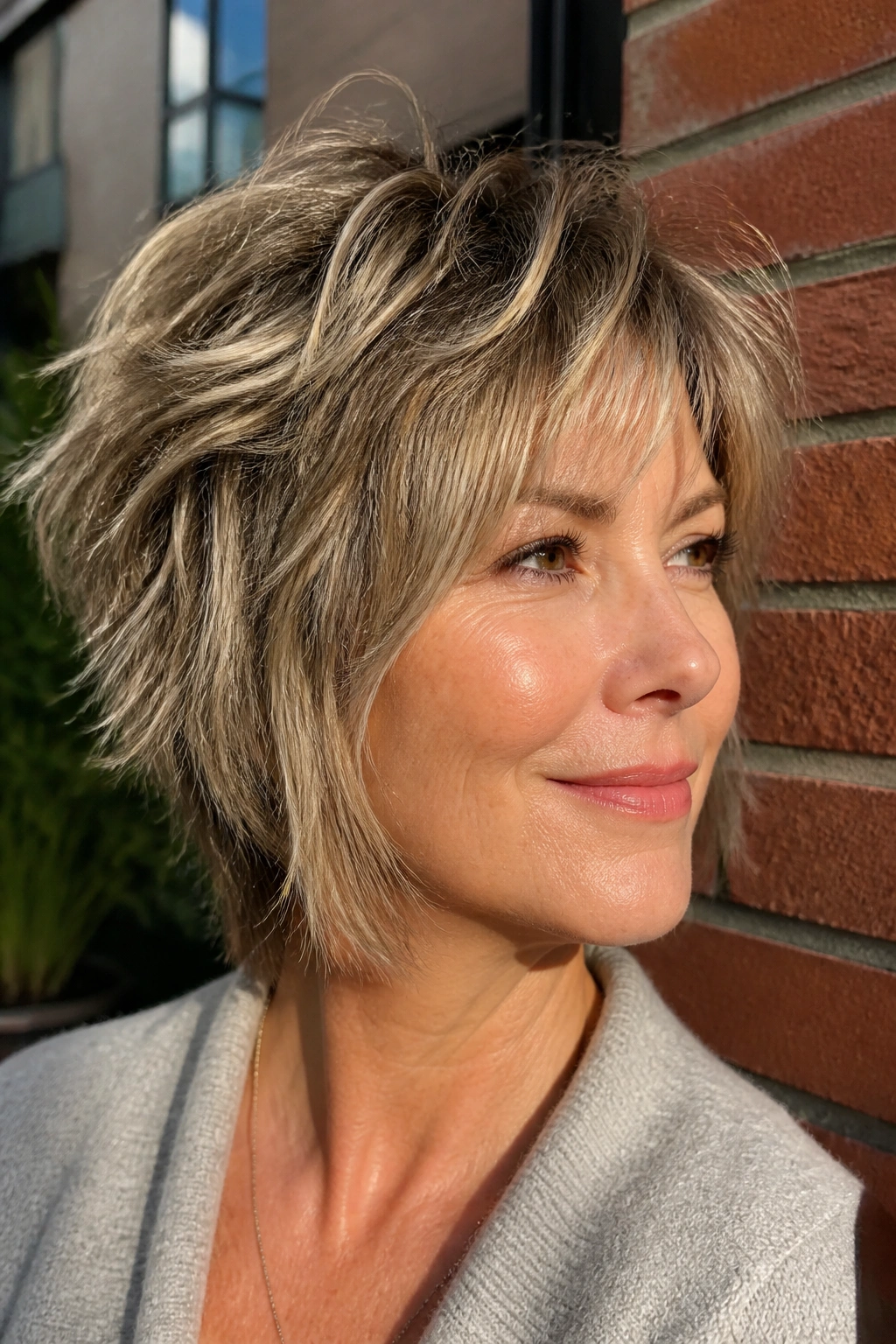 Close-up of a real woman with a shaggy, layered bixie hairstyle.