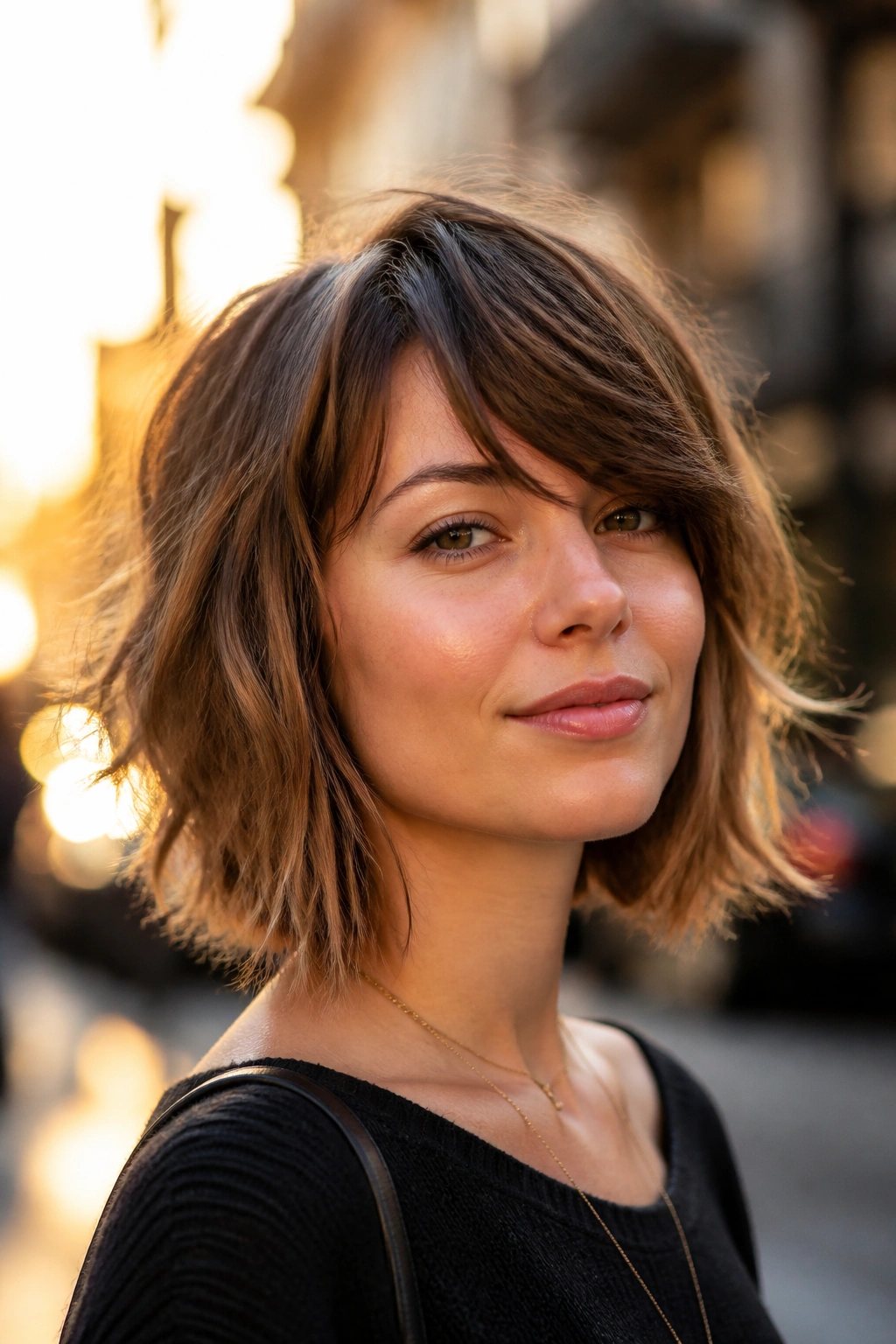 Close-up portrait of a real woman with shaggy bob and choppy side bangs in golden hour light