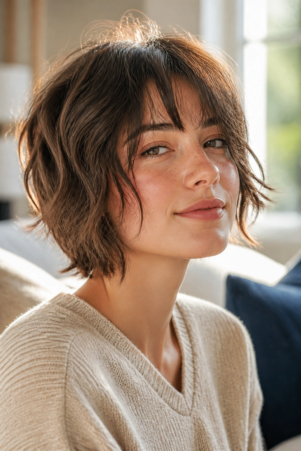 Close-up portrait of a real person with shaggy bob and layered ends in natural daylight