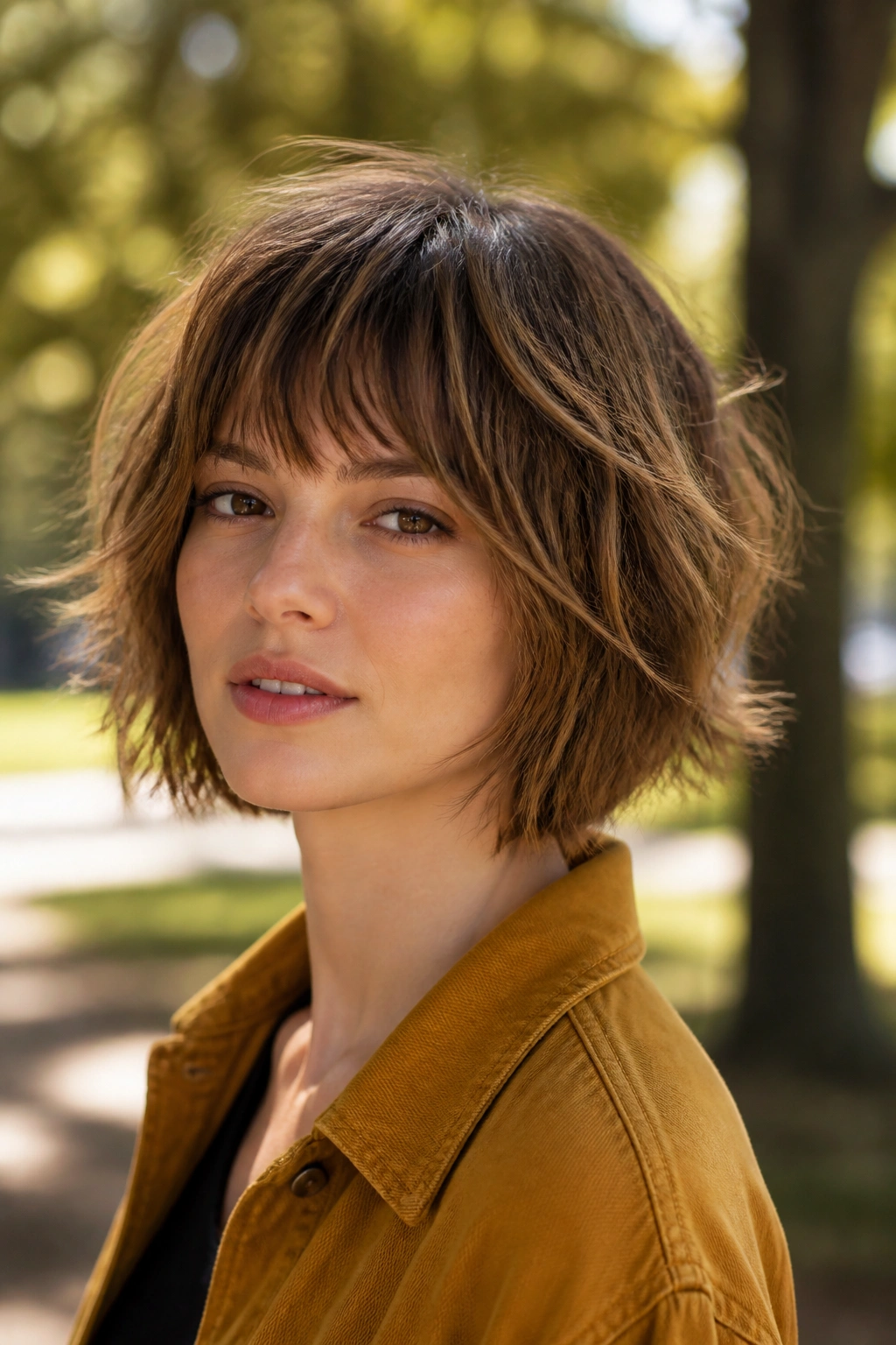 Portrait of woman with shaggy bob and piecey ends in park lighting.