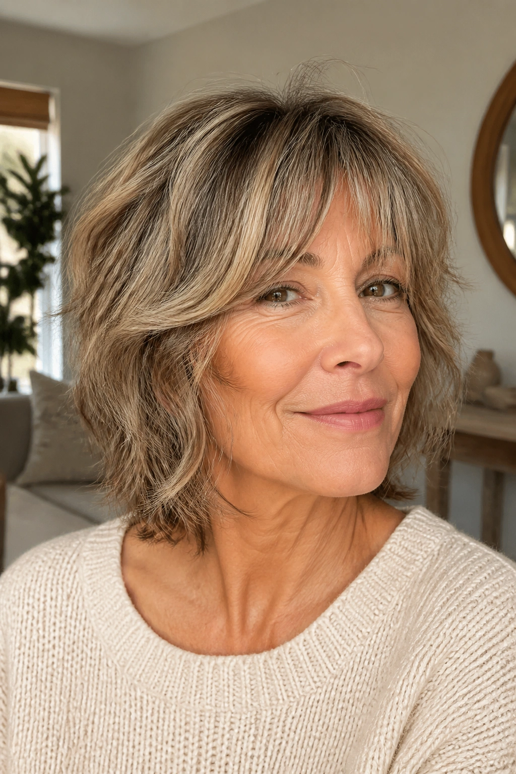 Portrait of a real woman with shaggy bob and piecey layers in natural light