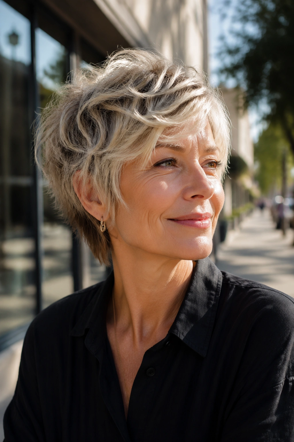 Real woman with shaggy crop and wispy layers on outdoor city sidewalk