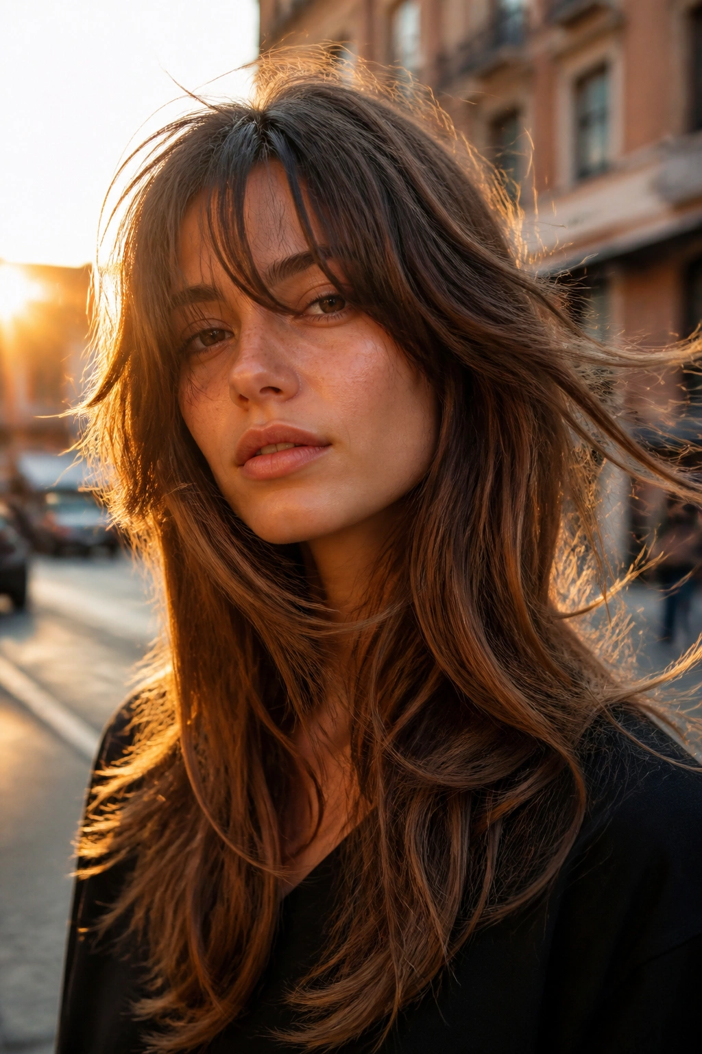 Close-up of a real woman with shaggy long layers and piecey bangs on a windy city street