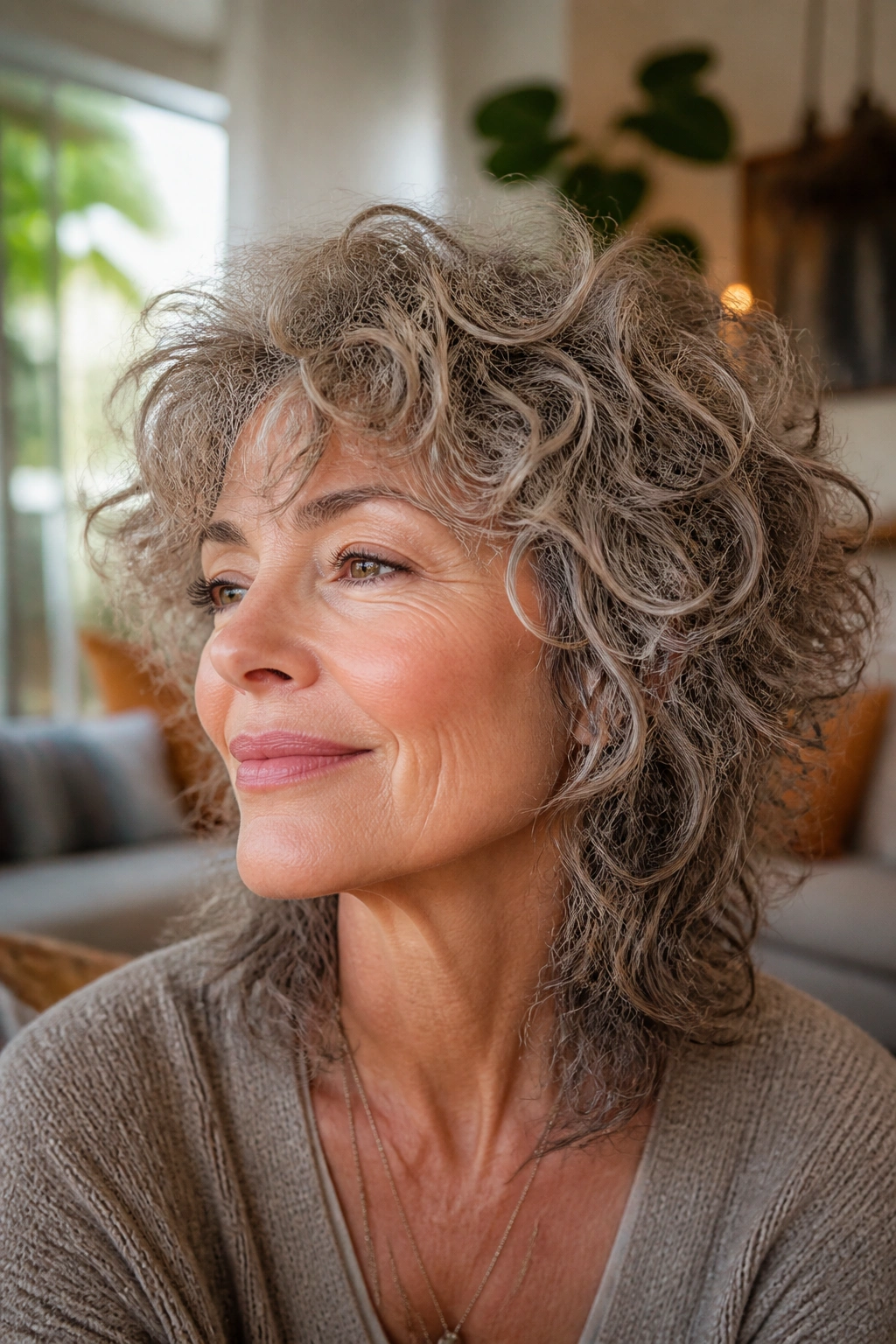 Close-up of an older woman with a shaggy wolf cut with ringlets in warm window light.