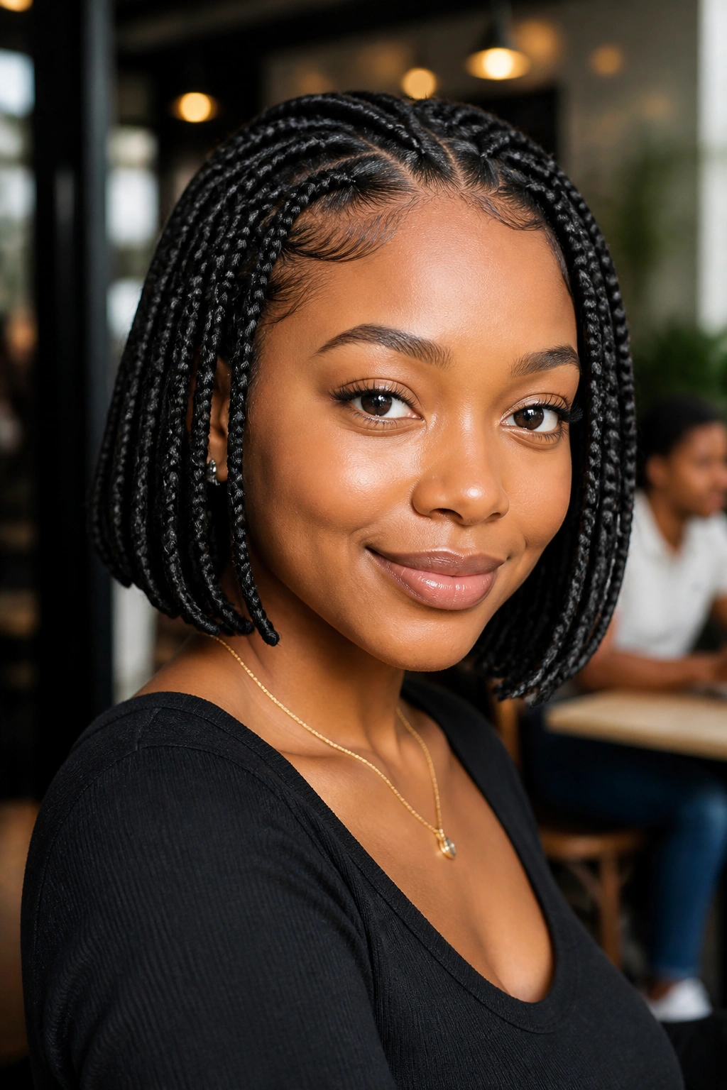 Close-up of a real person with chin-length knotless bob braids.