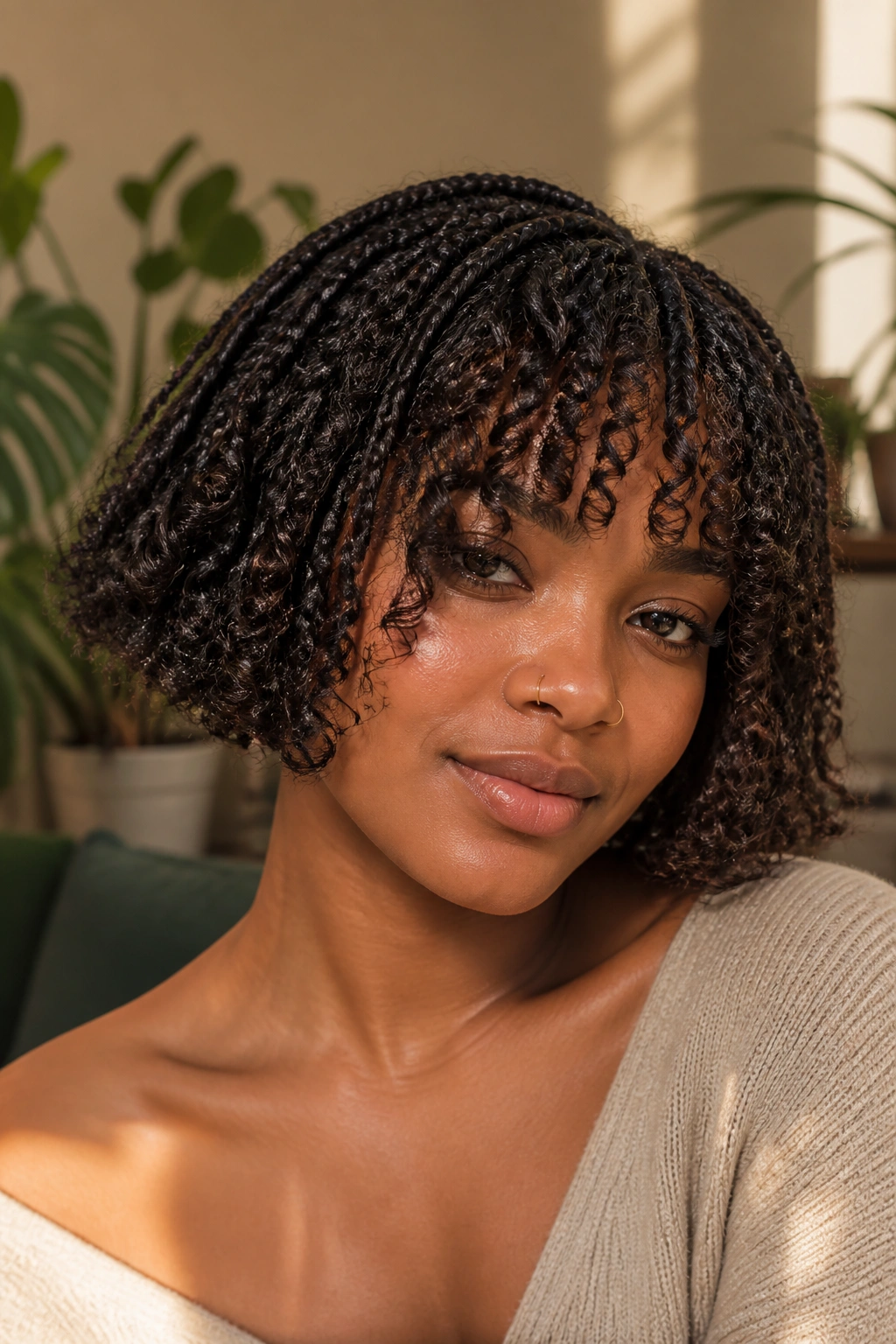 Real woman with short boho bob braids and curly fringe in warm sunlit room
