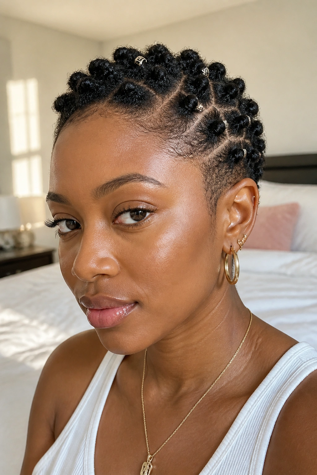Close-up of a real person with short hair and bubble accents along the scalp in natural morning light