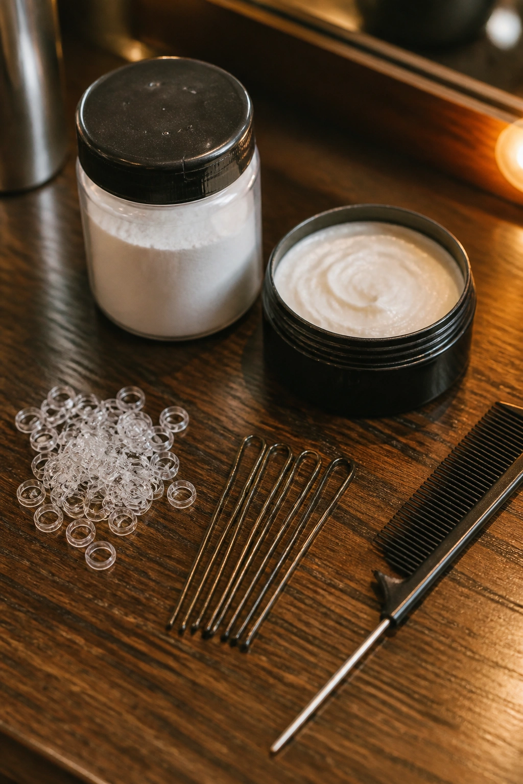 Close-up still life of essential short hair braiding tools arranged on a vanity