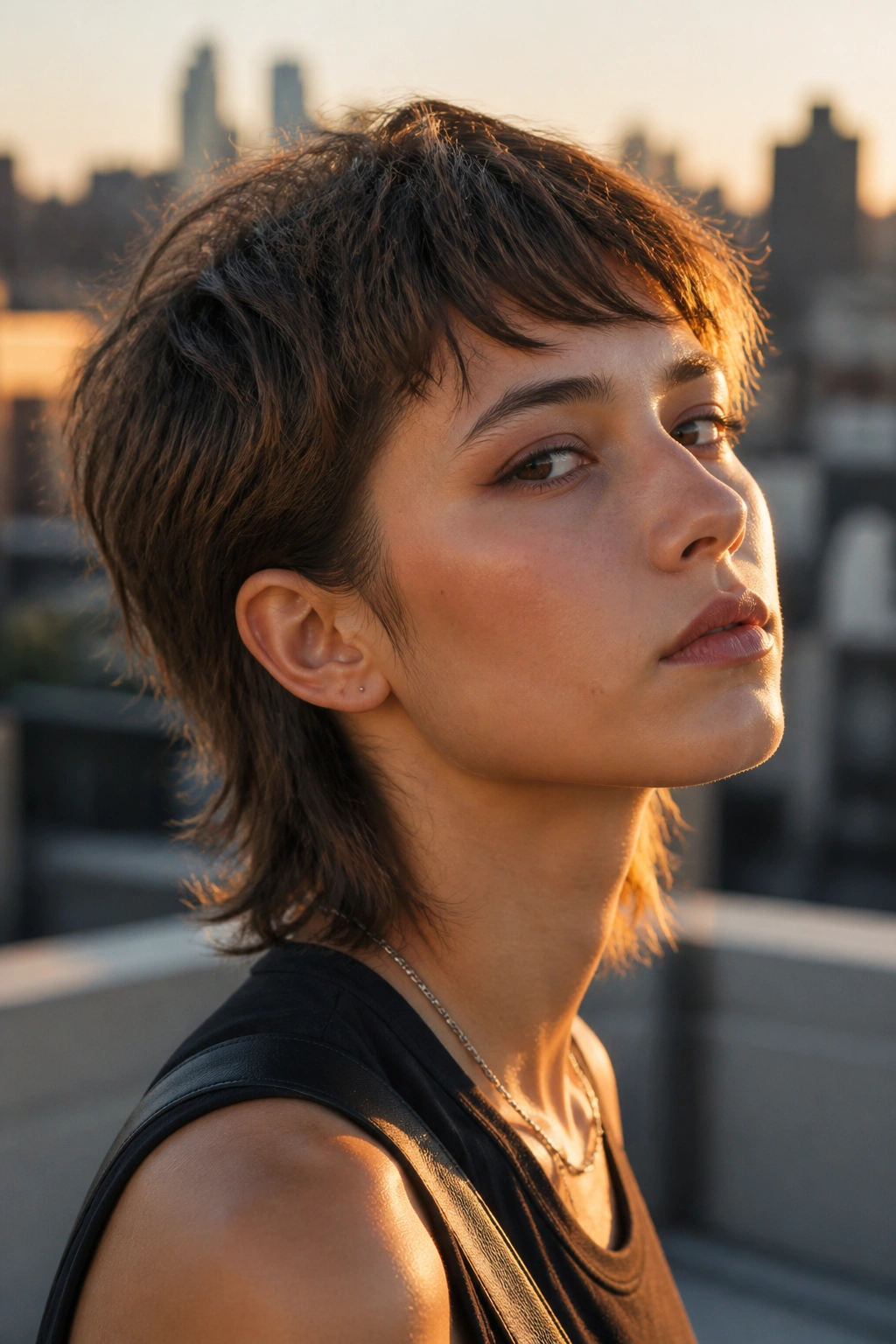Close-up of real person with short mullet, golden hour light