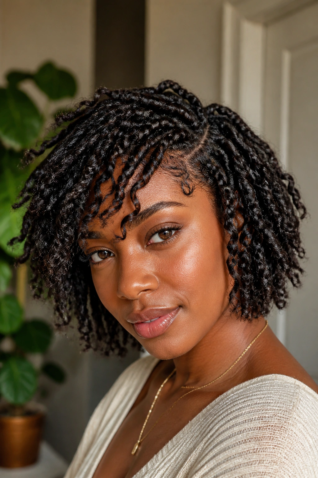 Close-up portrait of a real person with short passion braids and textured shaggy bob.